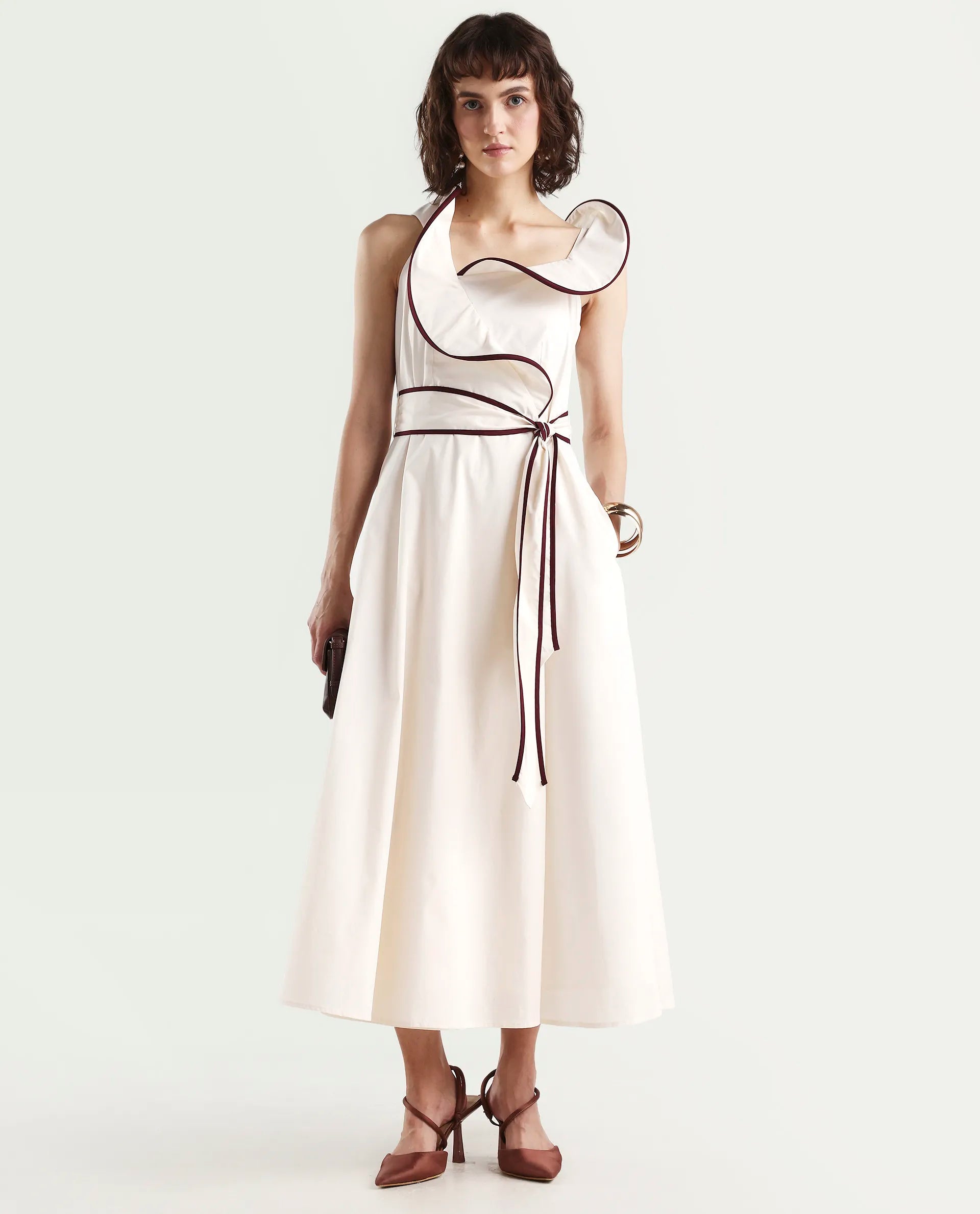 Rareism Women's Ashen Off White Cotton Sleeveless Fit And Flare Plain Dress