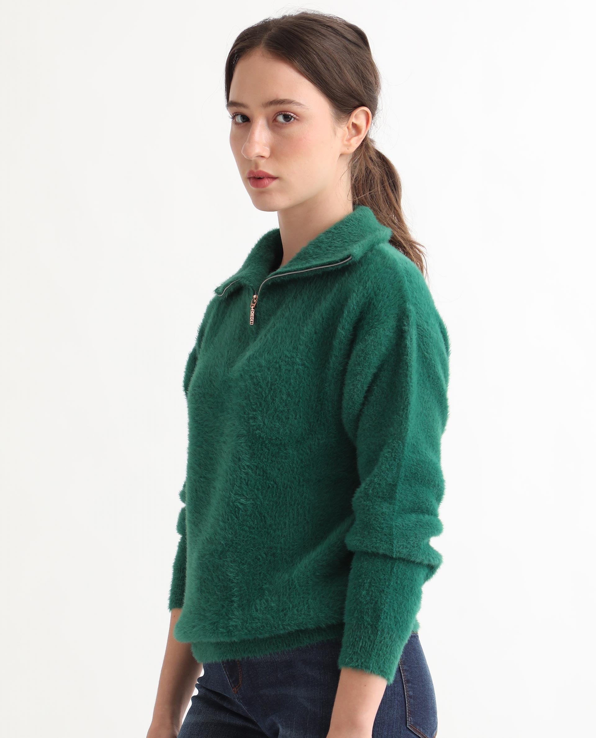 Rareism Women Asser Green Nylon Fabric Full Sleeves Regular Fit Solid Drop Collar Sweater
