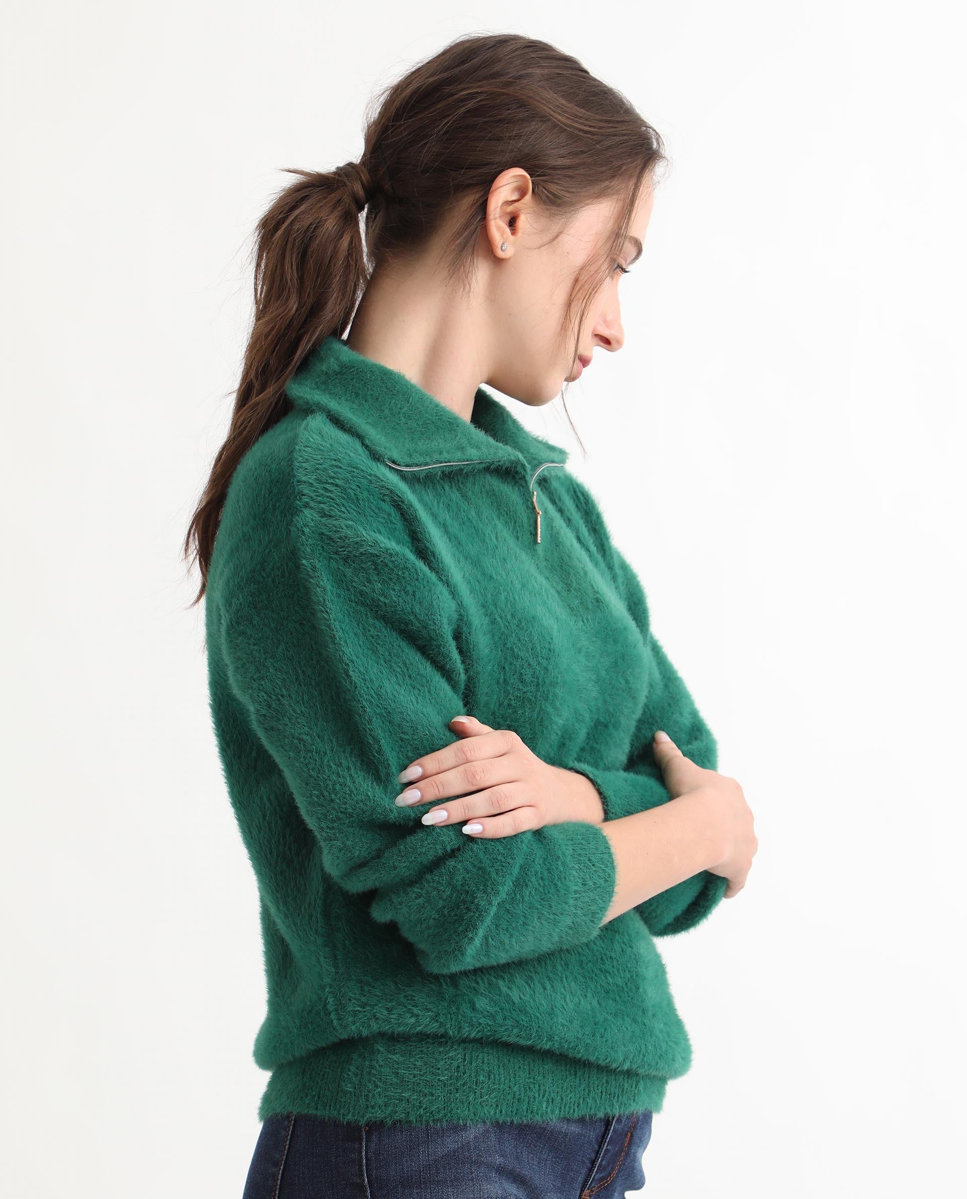 Rareism Women Asser Green Nylon Fabric Full Sleeves Regular Fit Solid Drop Collar Sweater