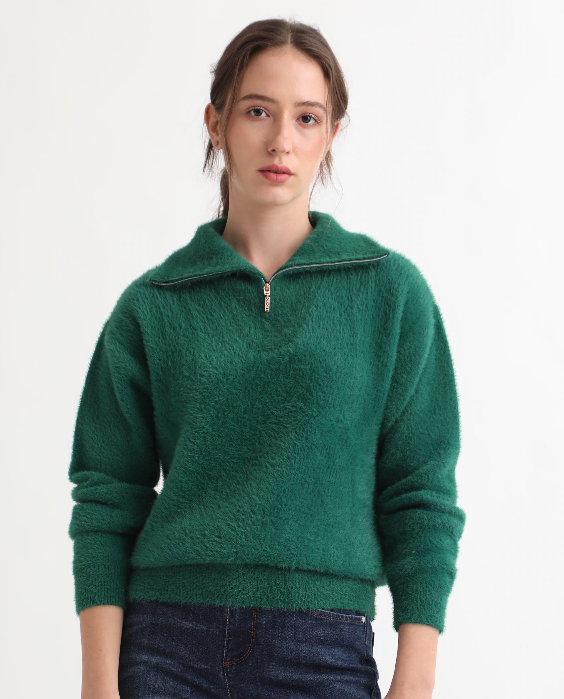 Rareism Women Asser Green Nylon Fabric Full Sleeves Regular Fit Solid Drop Collar Sweater