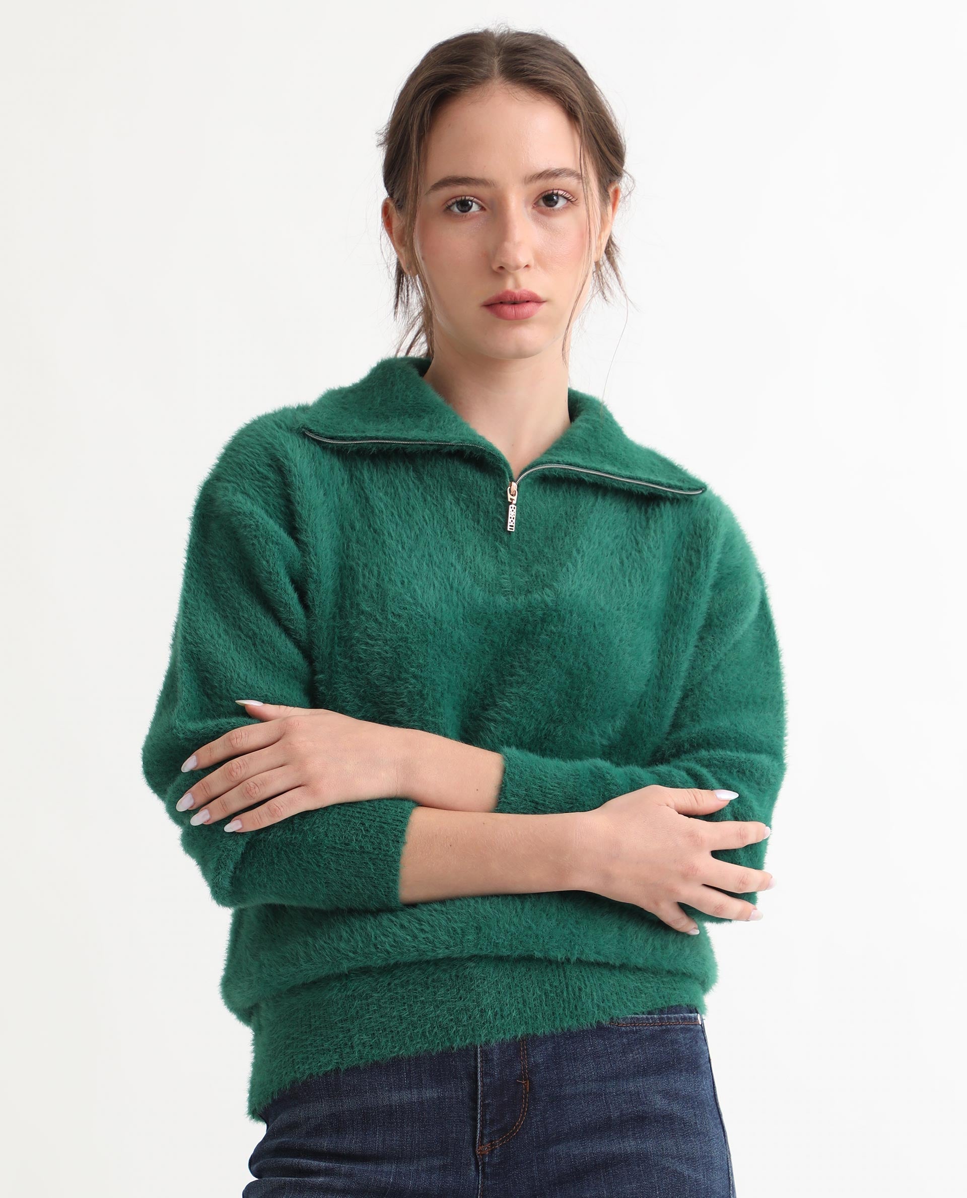 Rareism Women Asser Green Nylon Fabric Full Sleeves Regular Fit Solid Drop Collar Sweater