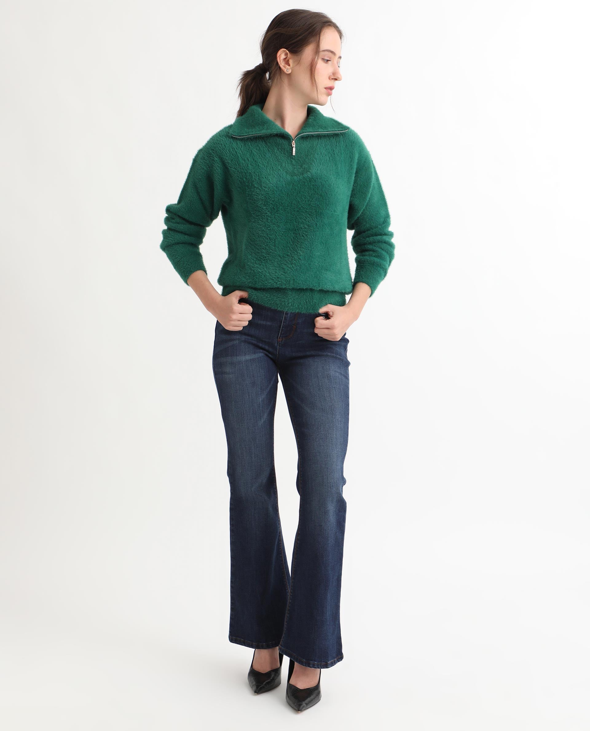 Rareism Women Asser Green Nylon Fabric Full Sleeves Regular Fit Solid Drop Collar Sweater