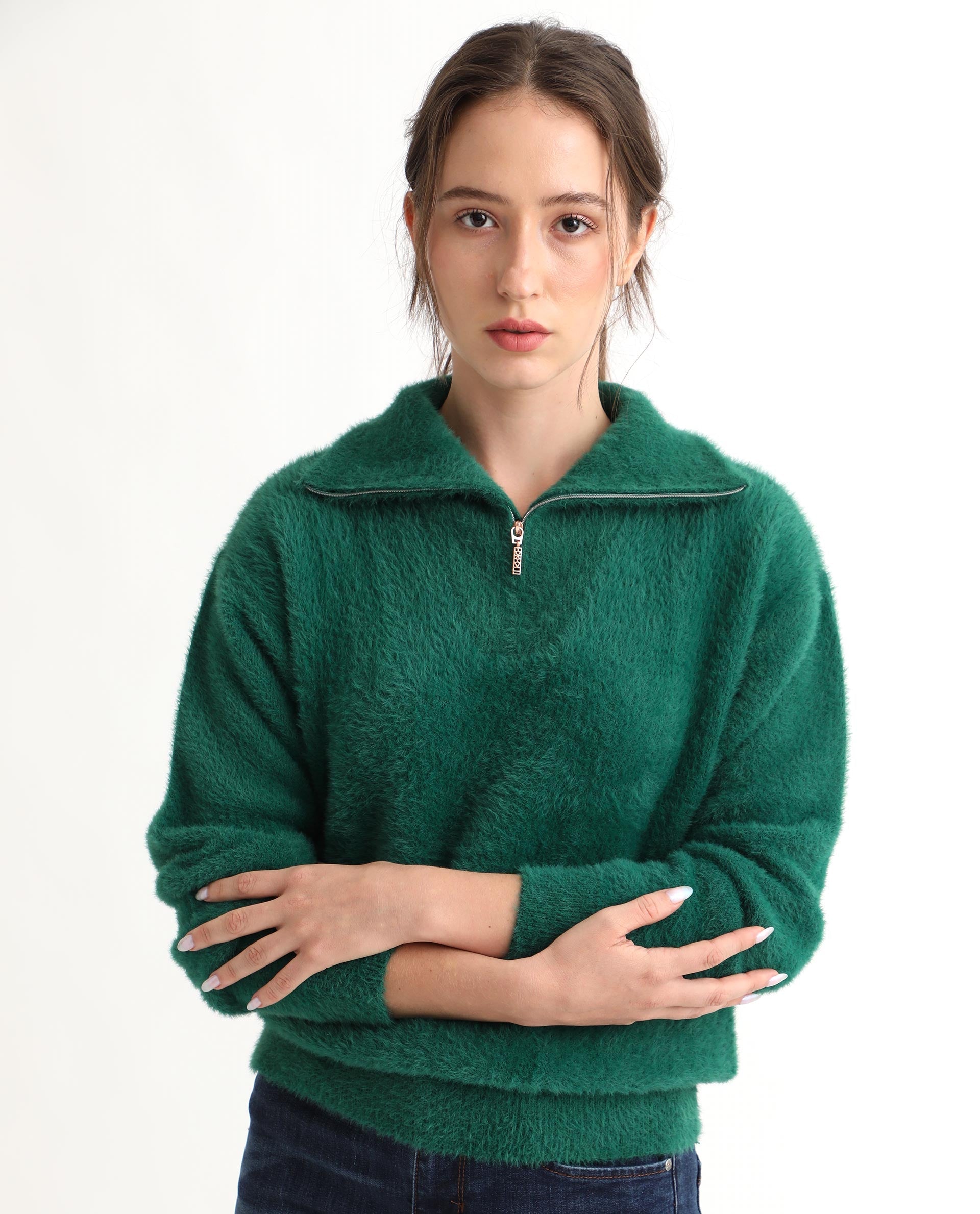 Rareism Women Asser Green Nylon Fabric Full Sleeves Regular Fit Solid Drop Collar Sweater