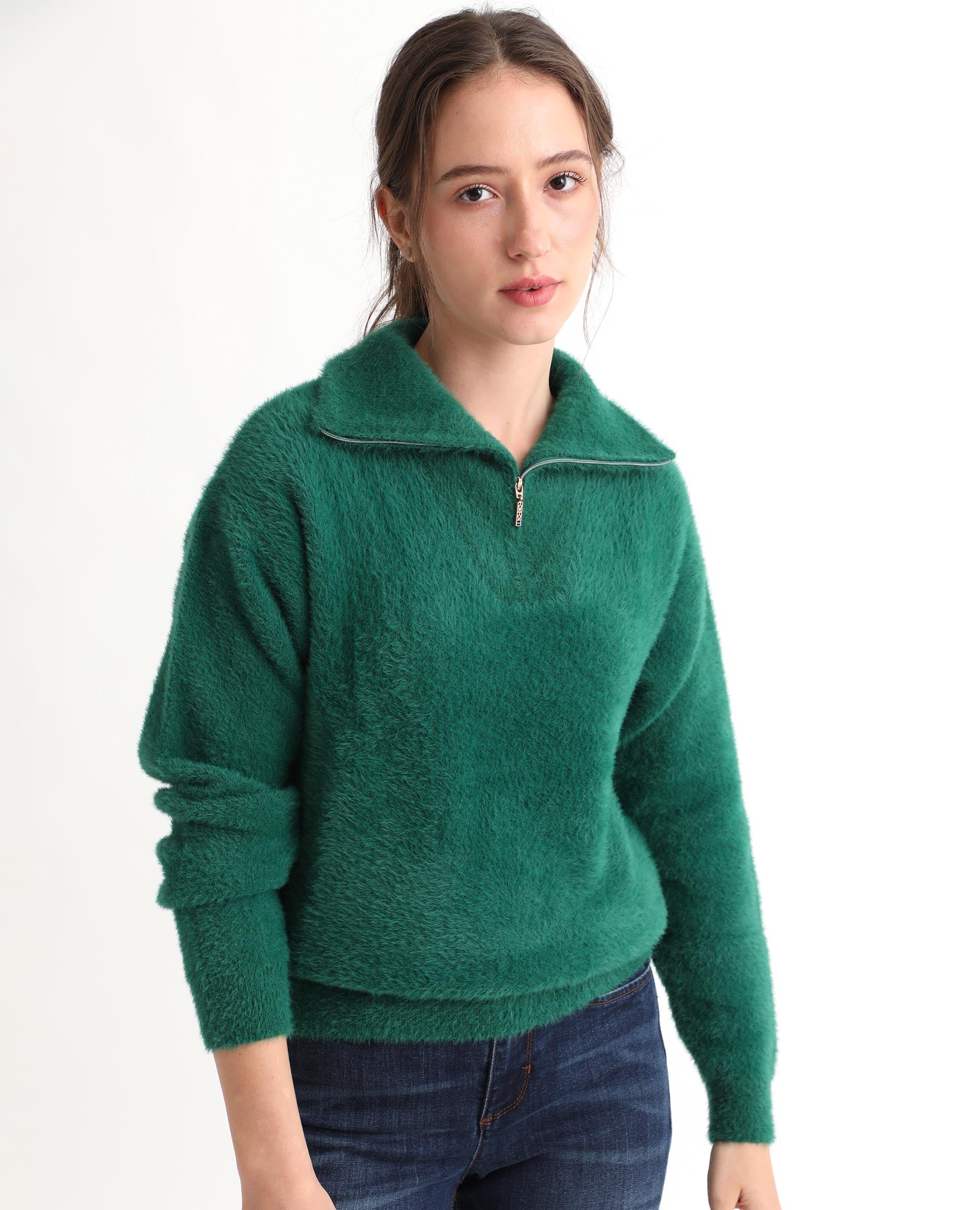 Rareism Women Asser Green Nylon Fabric Full Sleeves Regular Fit Solid Drop Collar Sweater