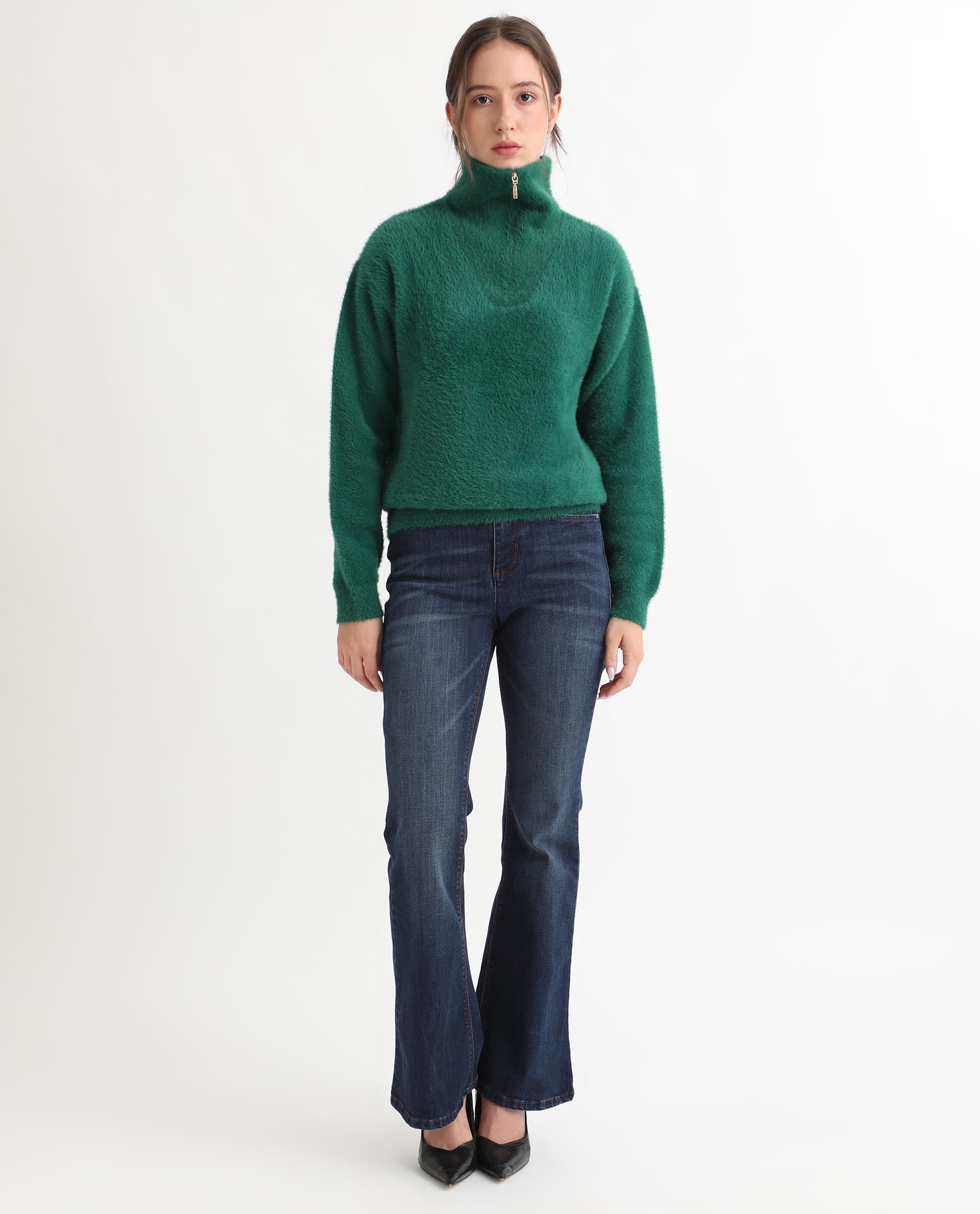 Rareism Women Asser Green Nylon Fabric Full Sleeves Regular Fit Solid Drop Collar Sweater