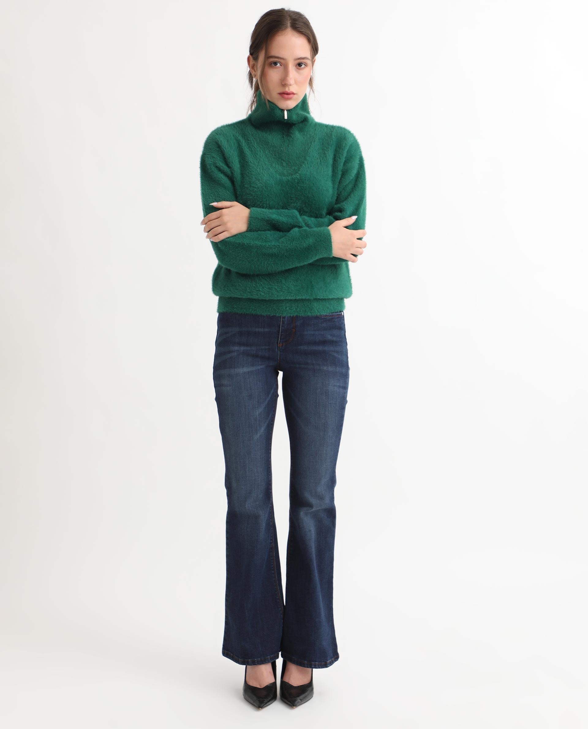 Rareism Women Asser Green Nylon Fabric Full Sleeves Regular Fit Solid Drop Collar Sweater