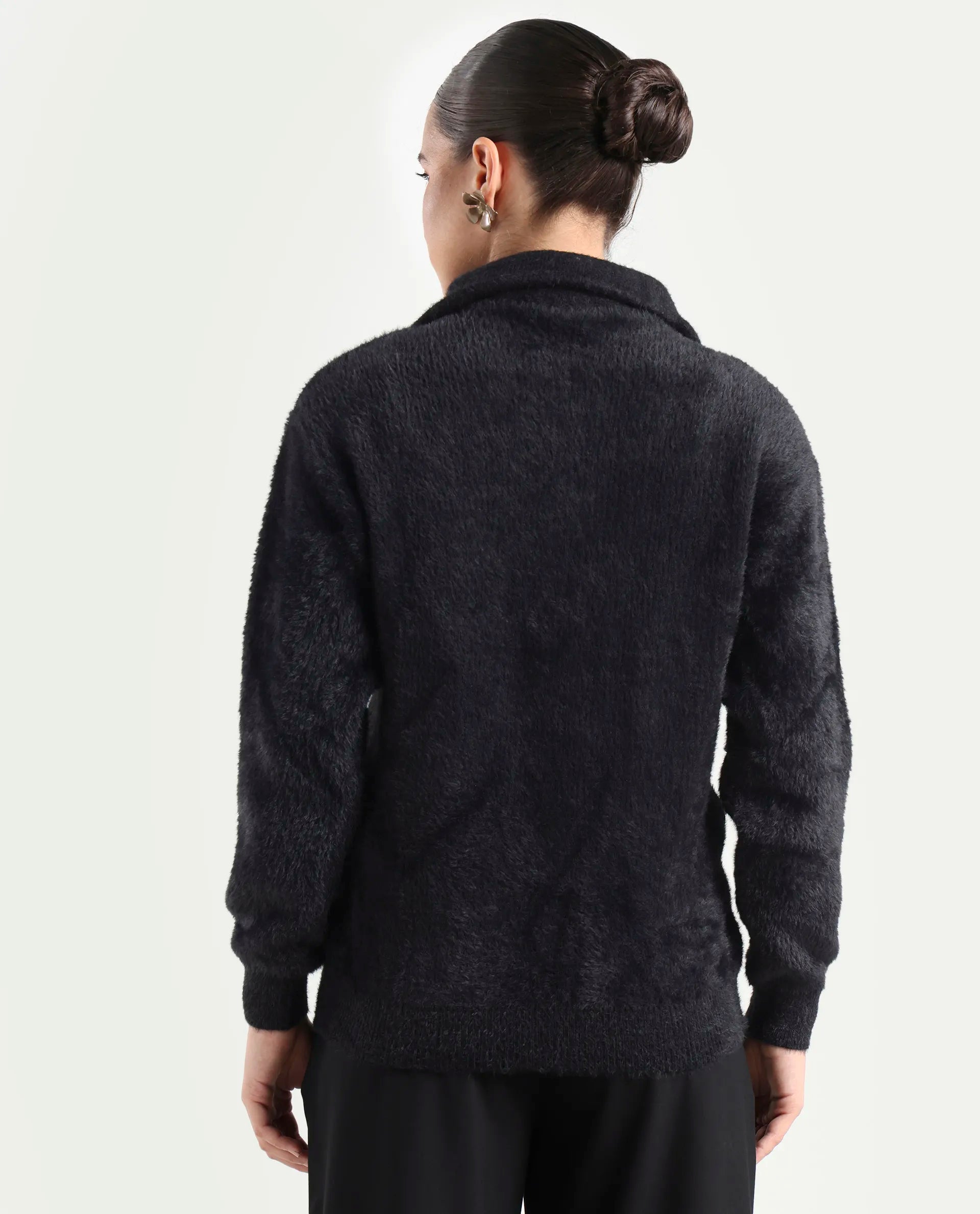 Rareism Women's Asser Black Nylon Drop Collar Plain Relaxed Fit Sweater
