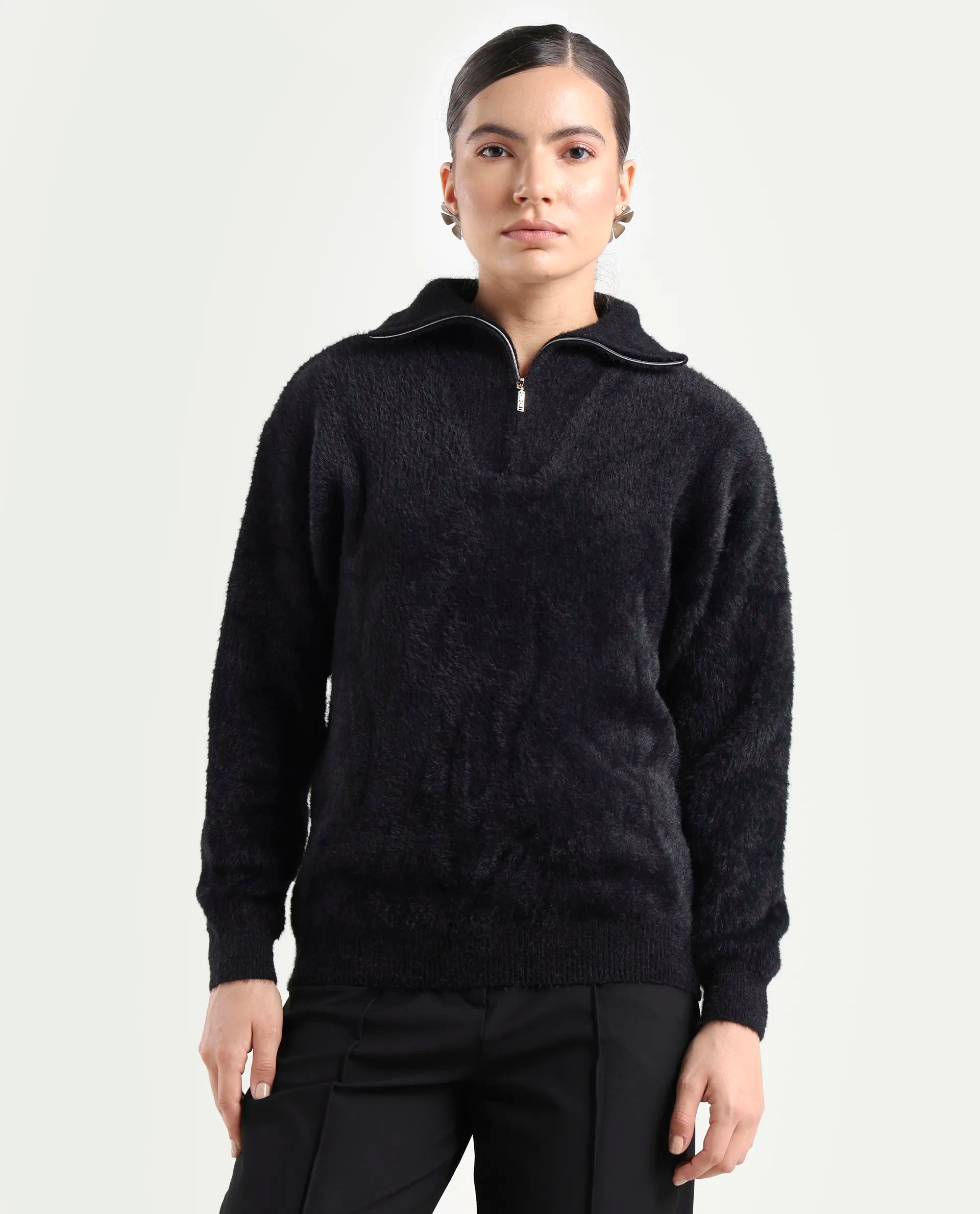 Rareism Women's Asser Black Nylon Drop Collar Plain Relaxed Fit Sweater