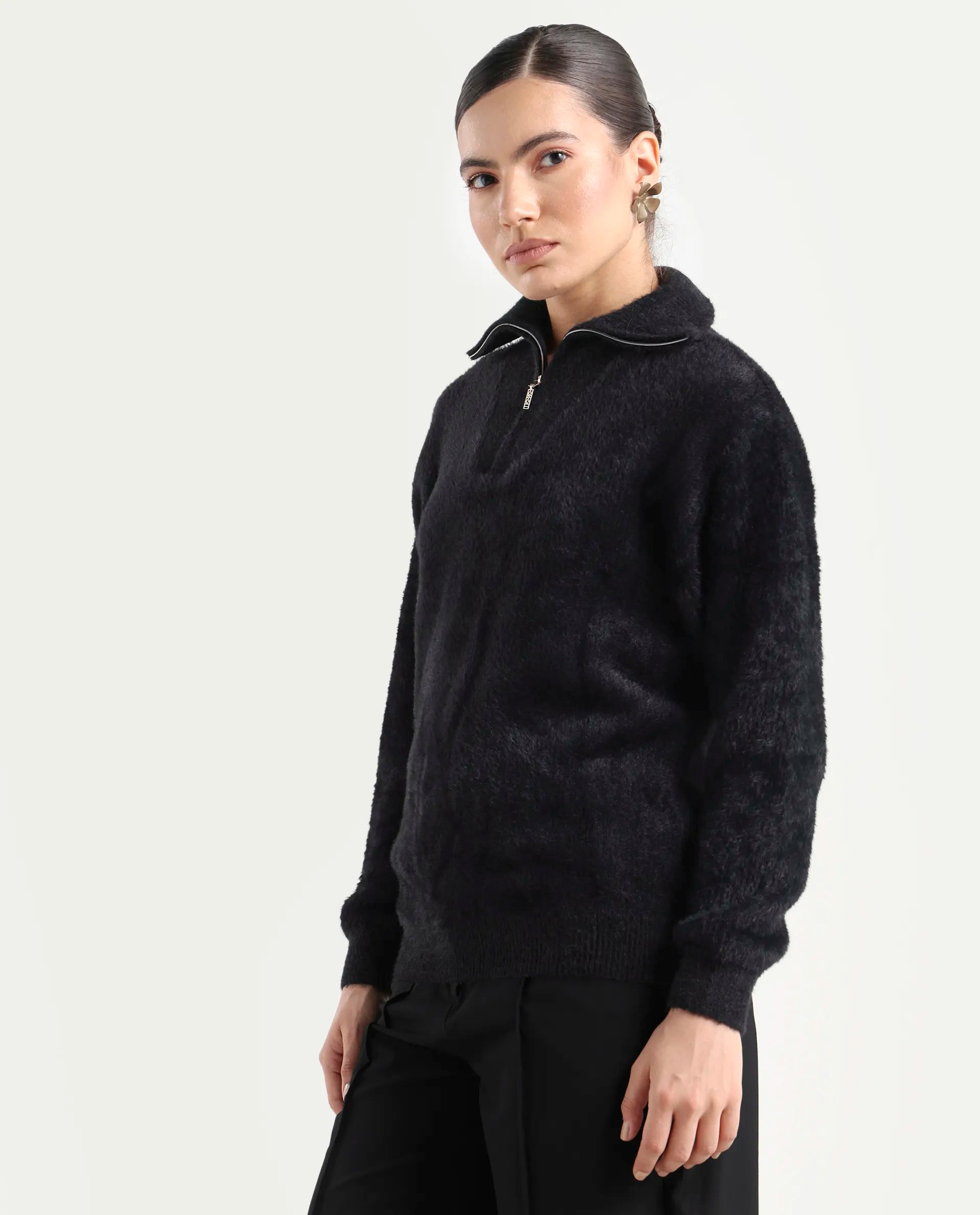 Rareism Women's Asser Black Nylon Drop Collar Plain Relaxed Fit Sweater