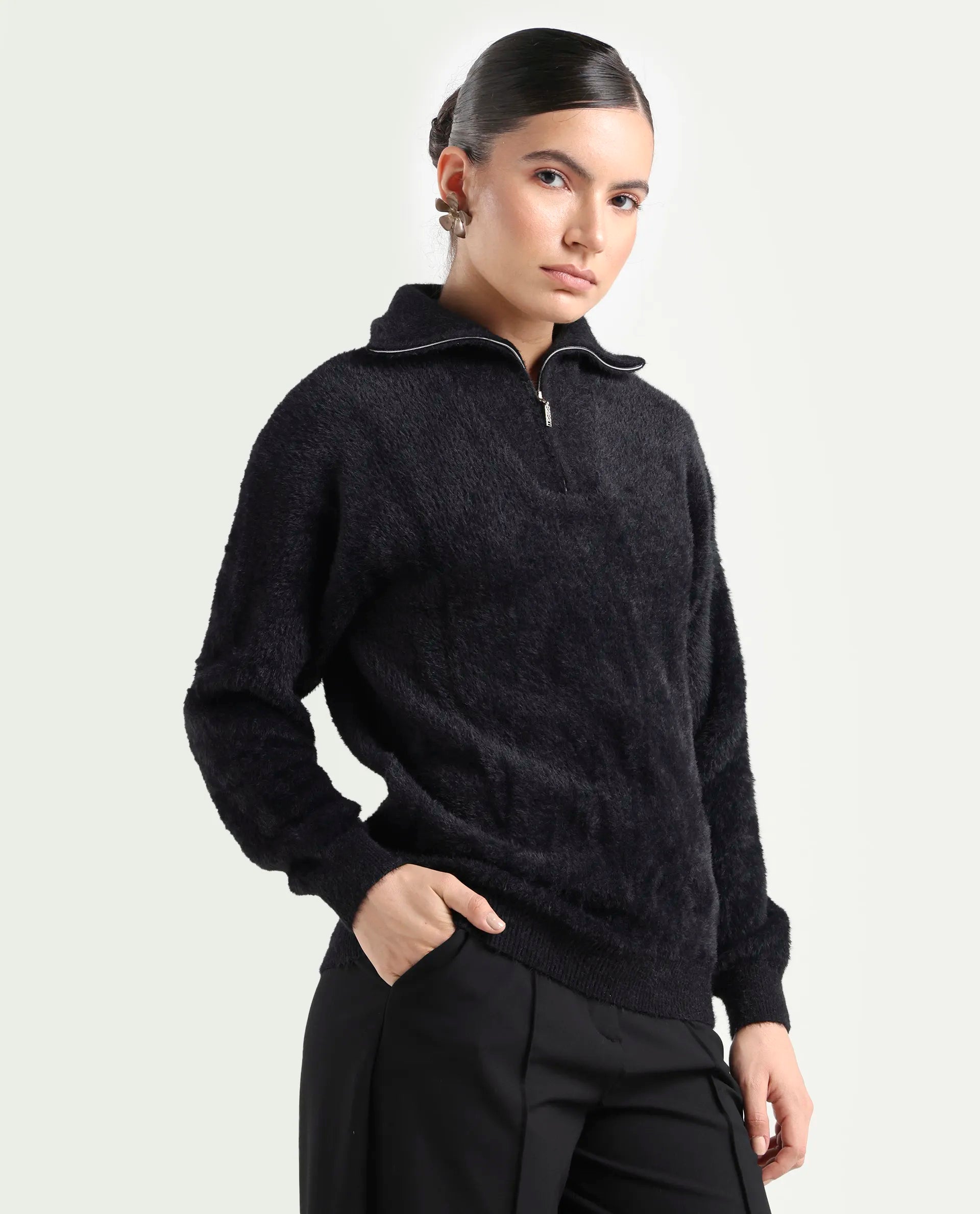 Rareism Women's Asser Black Nylon Drop Collar Plain Relaxed Fit Sweater