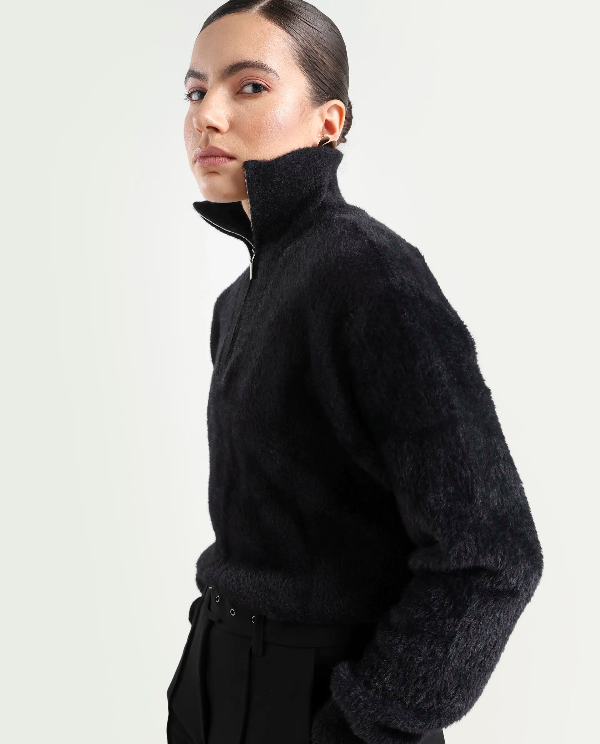 Rareism Women's Asser Black Nylon Drop Collar Plain Relaxed Fit Sweater