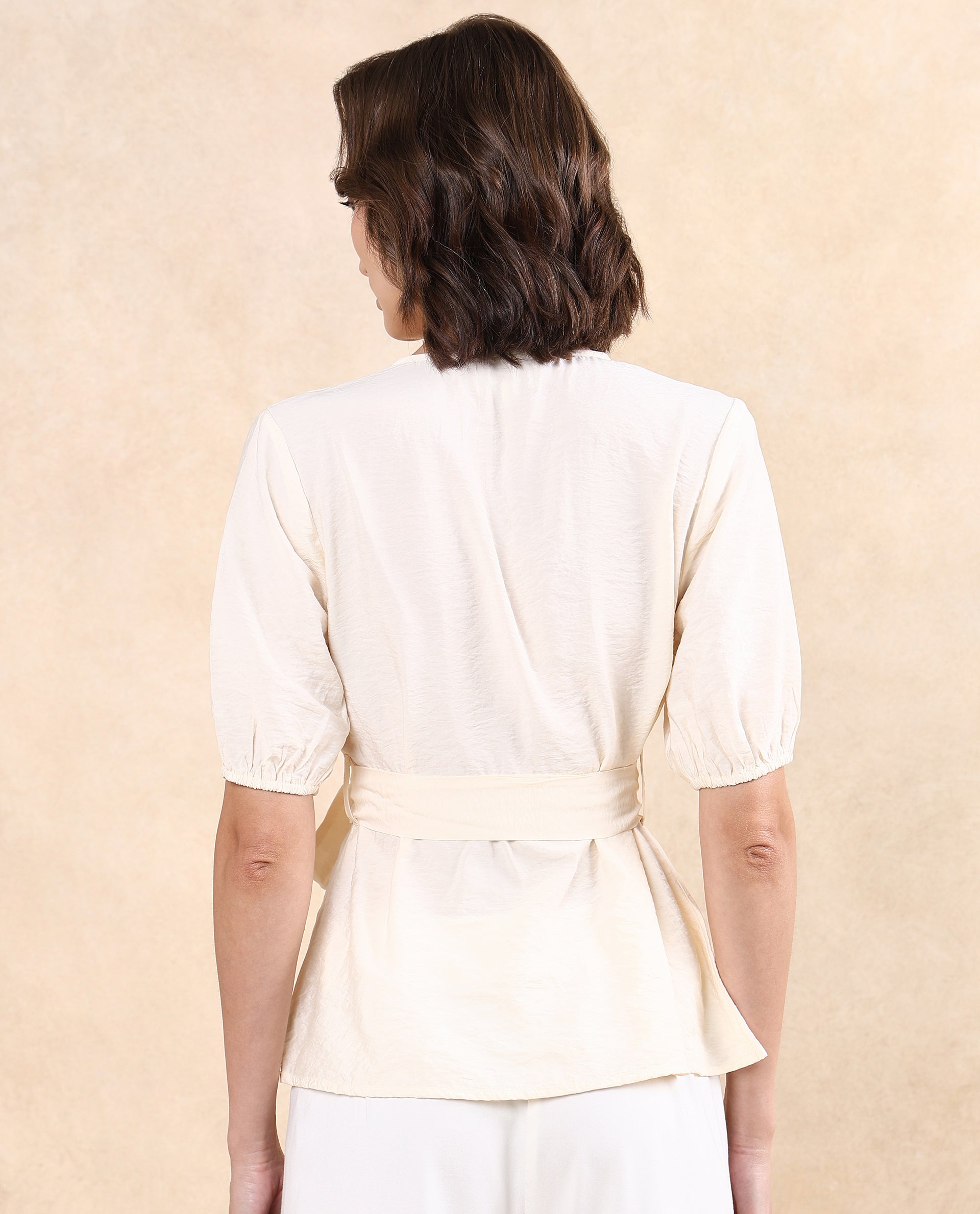 Rareism Women's Astina Light Beige Nylon Blend Overlap Neck Plain Puff Sleeves Regular Fit Top