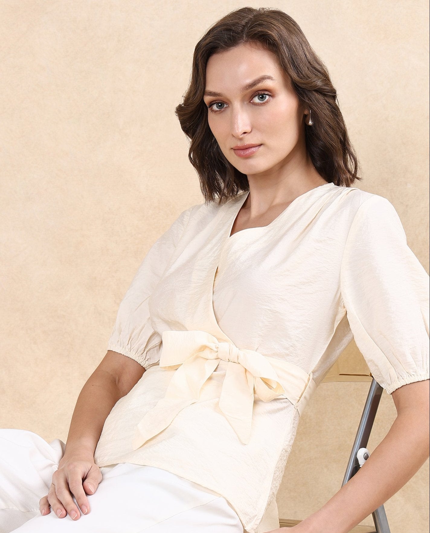 Rareism Women's Astina Light Beige Nylon Blend Overlap Neck Plain Puff Sleeves Regular Fit Top