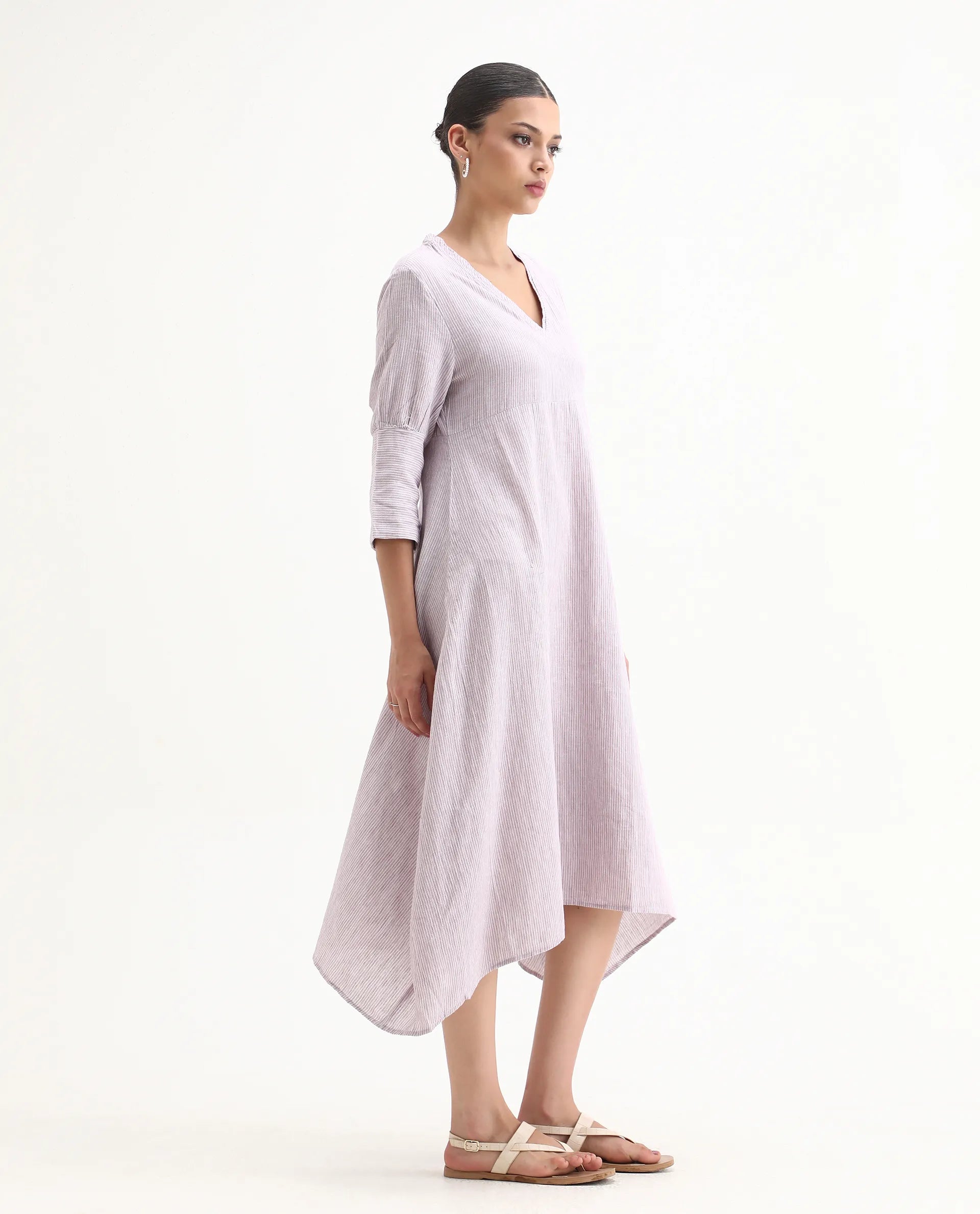 Rareism Women's Astrid Purple Linen V-Neck Striped Knee Length Regular Fit Dress
