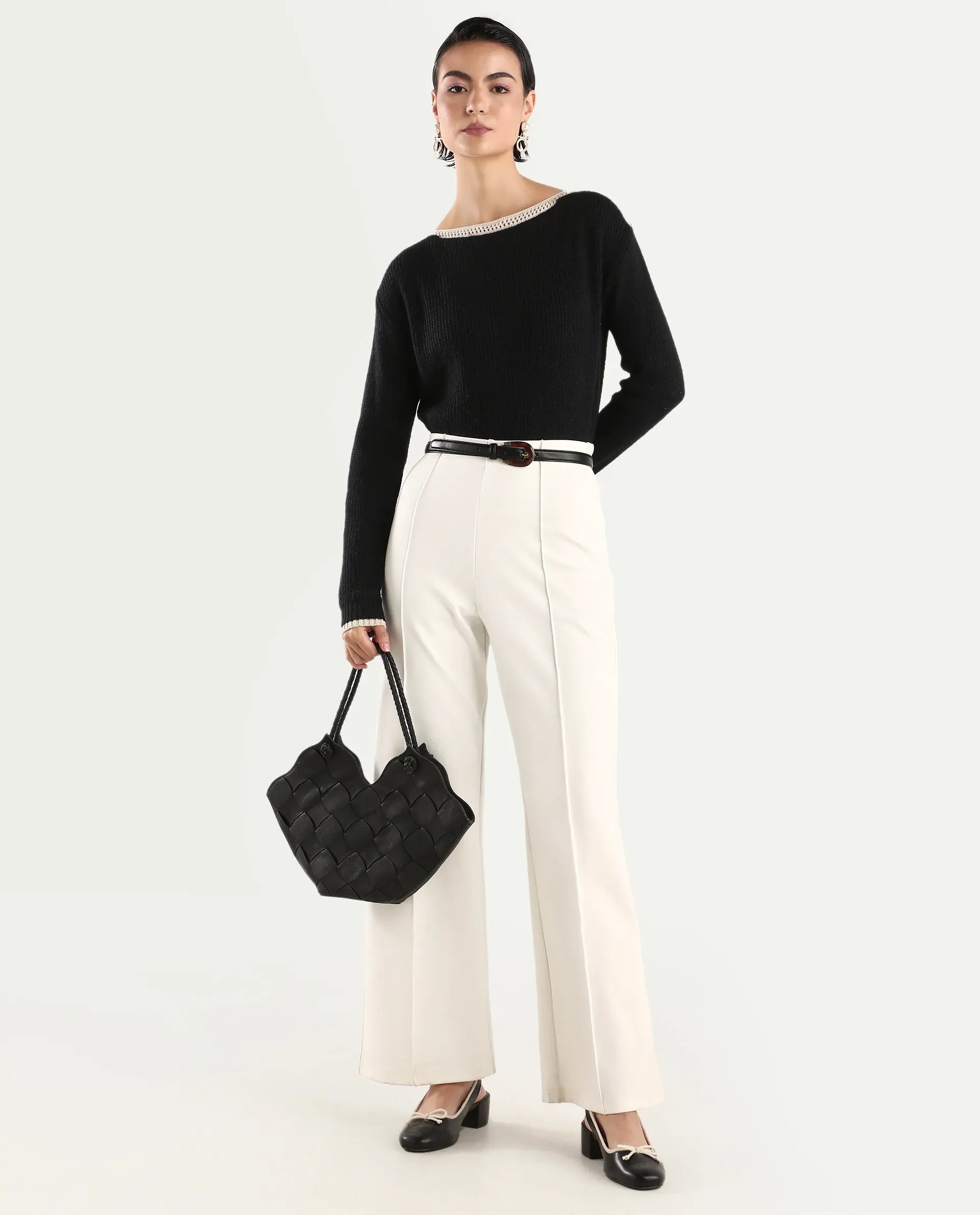 Rareism Women's Astrophel Black Acrylic Boat Neck Plain Relaxed Fit Sweater