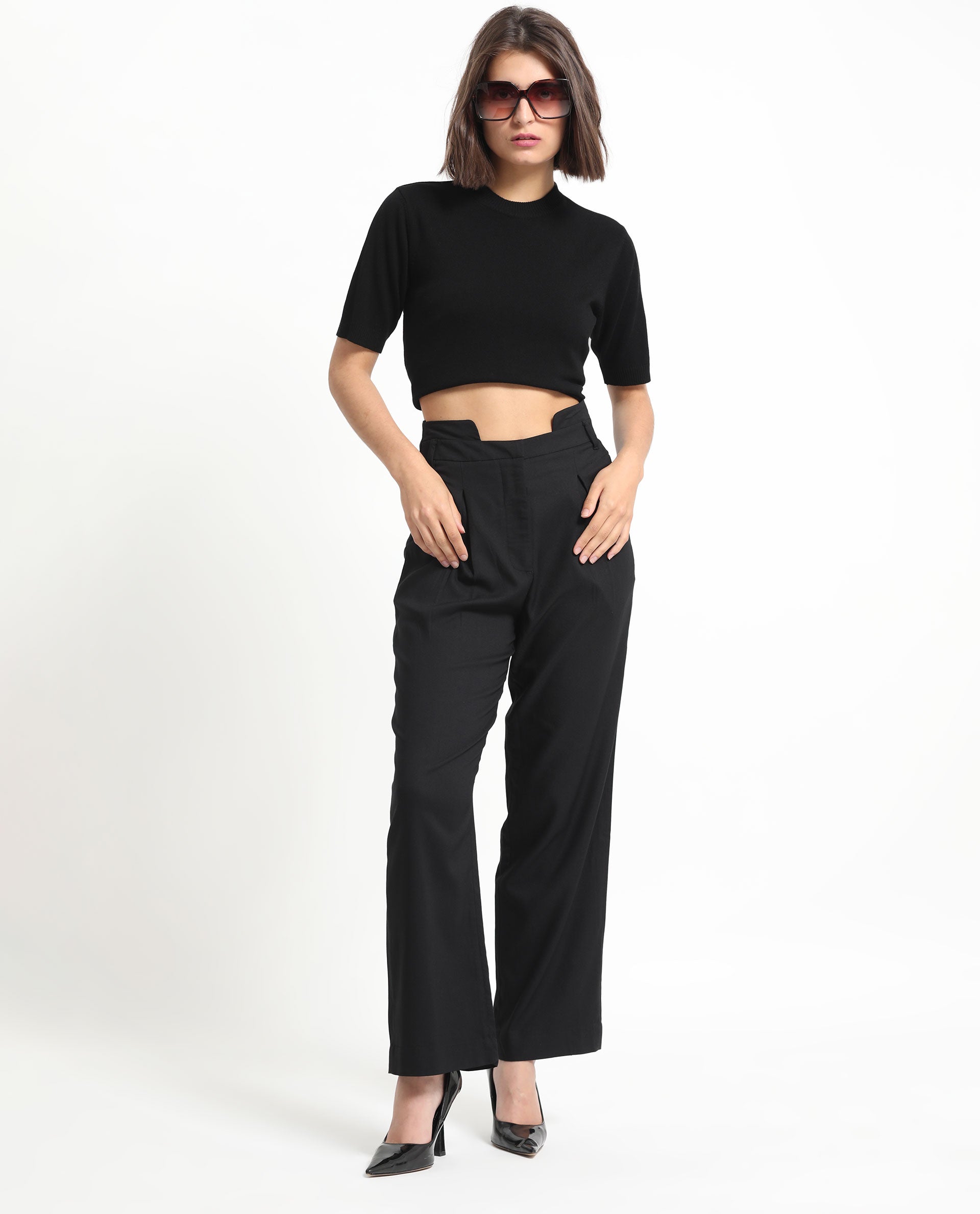 Rareism Women Atgan Black Polyester Fabric Zip Closure Tailored Fit Plain Ankle Length Trousers