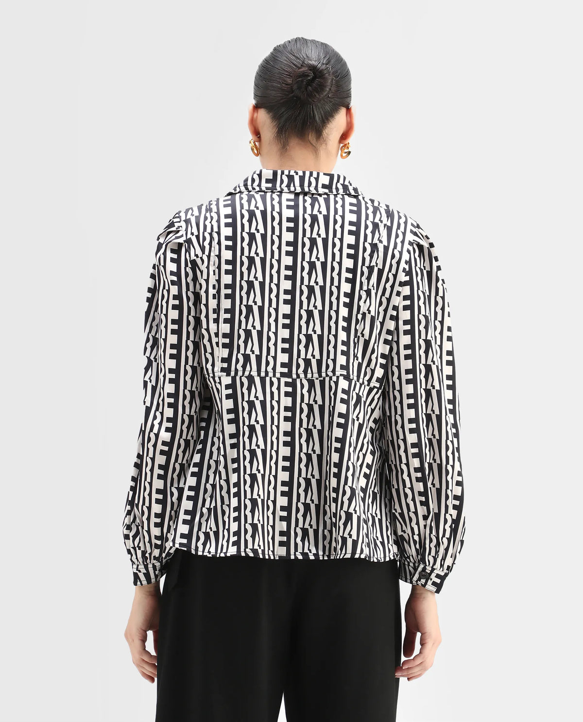 Rareism Women's Atlanti Black Polyester Spread Collar Geometric Print Relaxed Fit Top