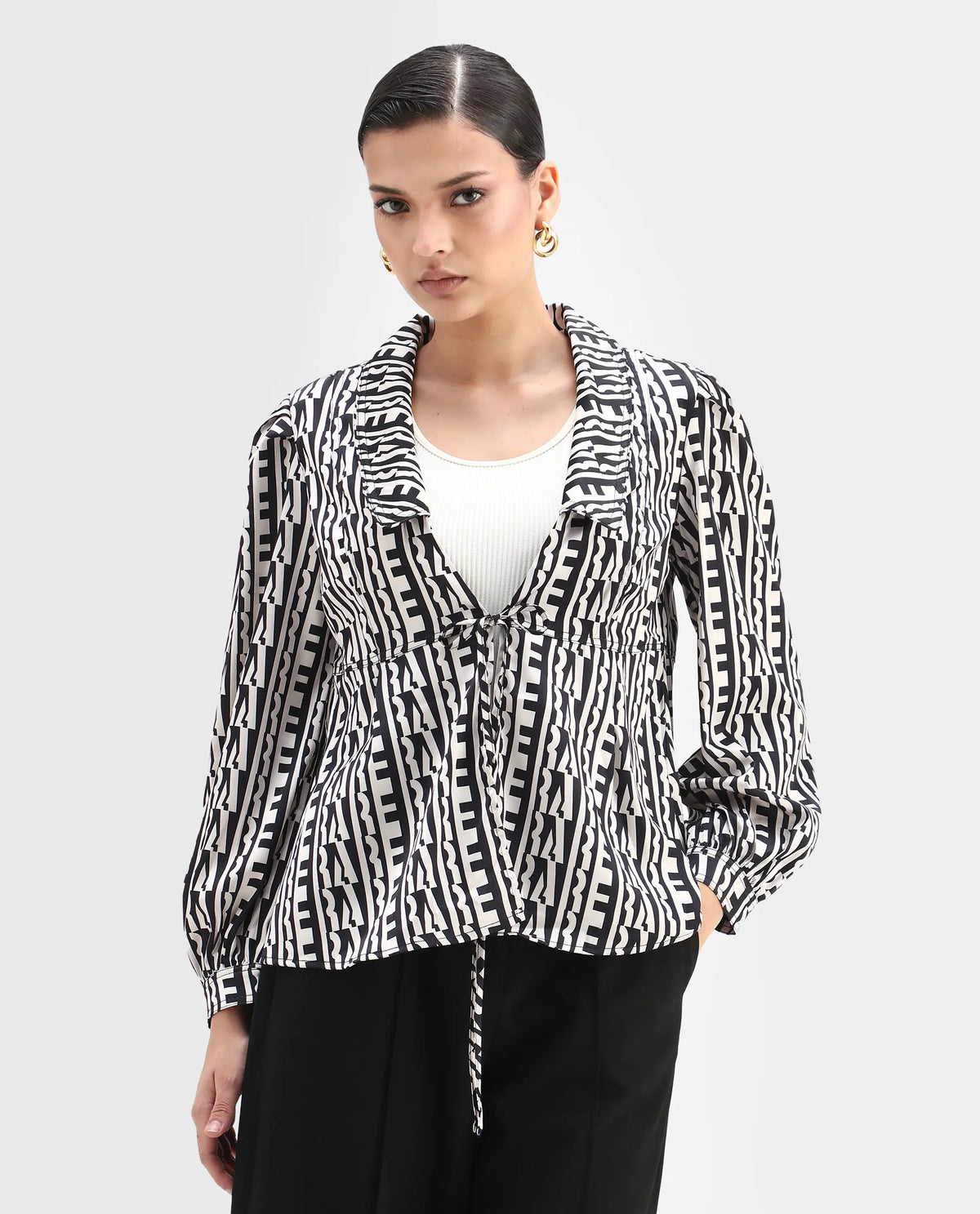 Rareism Women's Atlanti Black Polyester Spread Collar Geometric Print Relaxed Fit Top