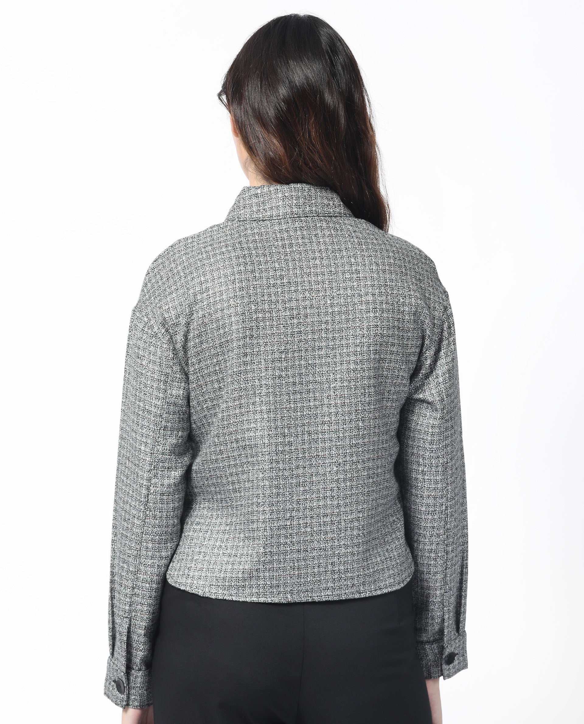 Rareism Women Atmos Black Polyester Fabric Full Sleeves Button Closure Shirt Collar Regular Fit Textured Jacket