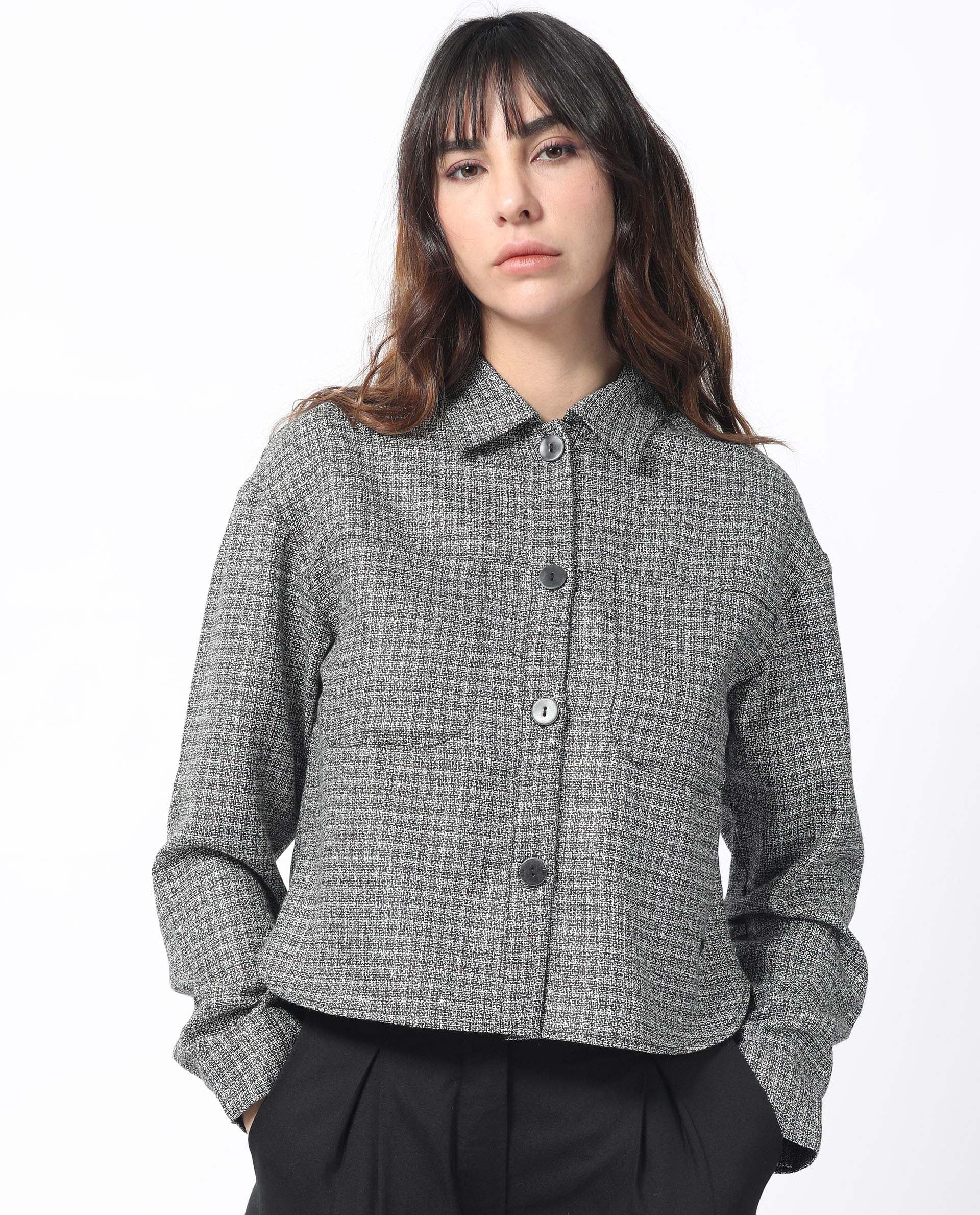 Rareism Women Atmos Black Polyester Fabric Full Sleeves Button Closure Shirt Collar Regular Fit Textured Jacket