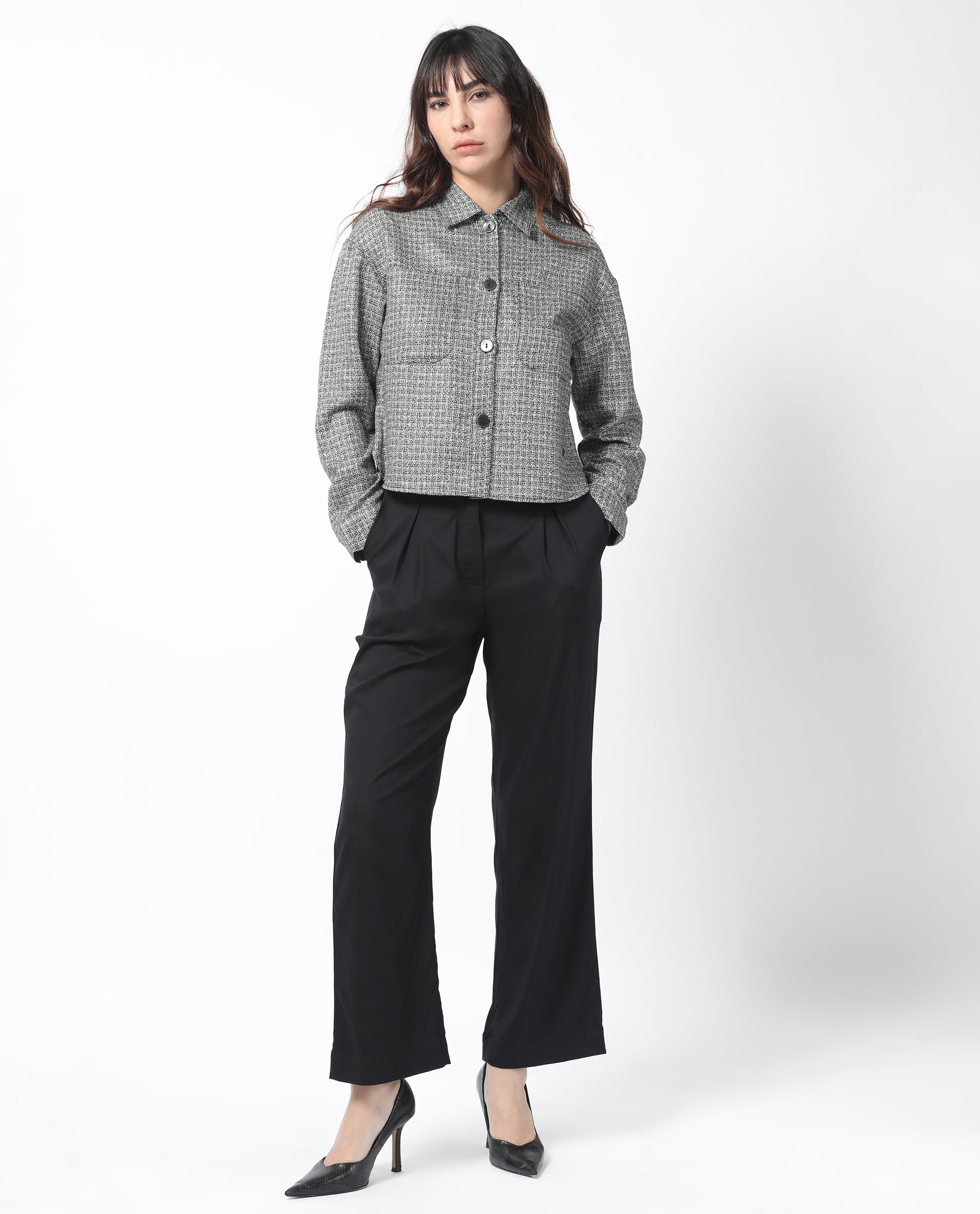 Rareism Women Atmos Black Polyester Fabric Full Sleeves Button Closure Shirt Collar Regular Fit Textured Jacket