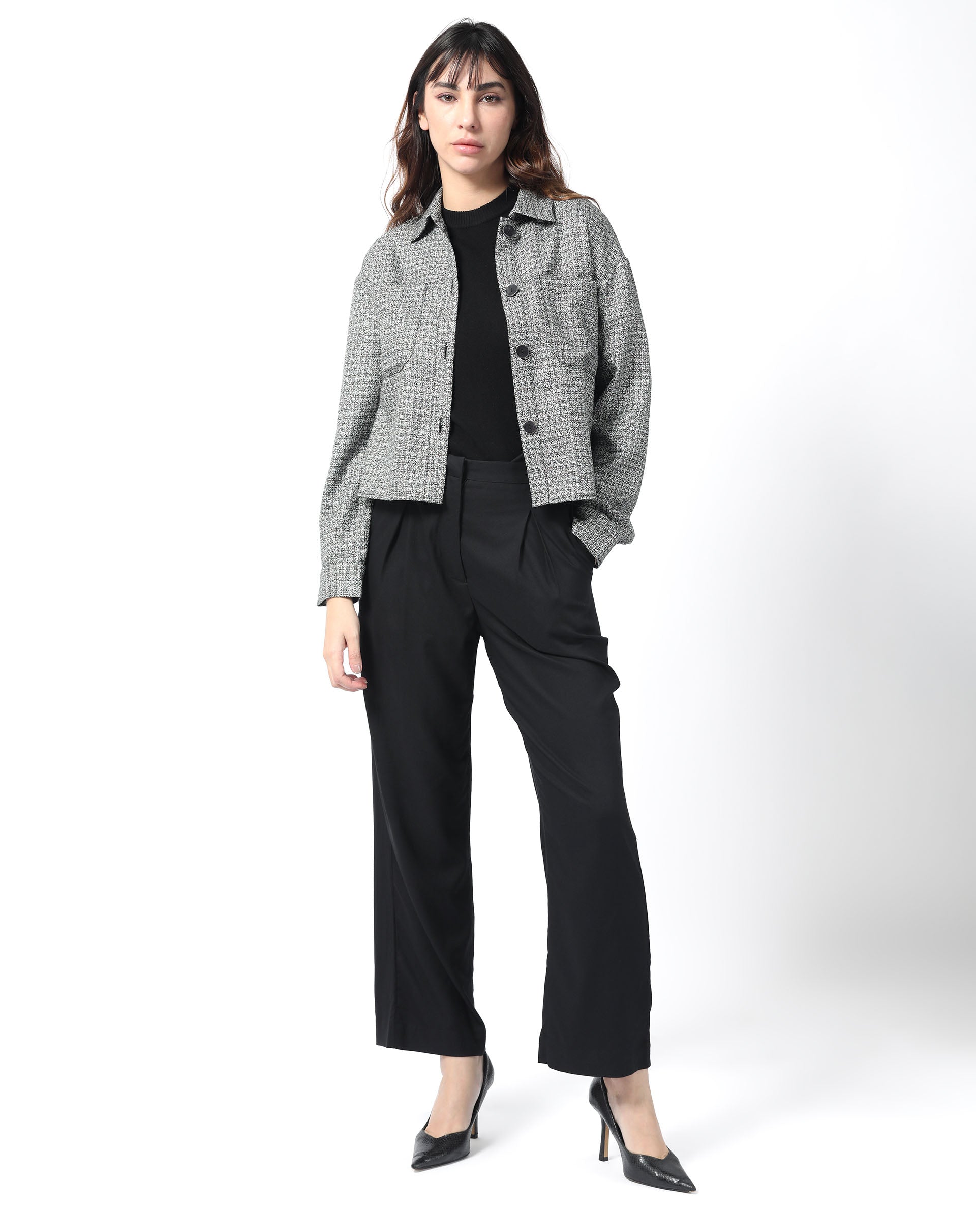 Rareism Women's Atmos Black Polyester Spread Collar Textured Regular Fit Jacket