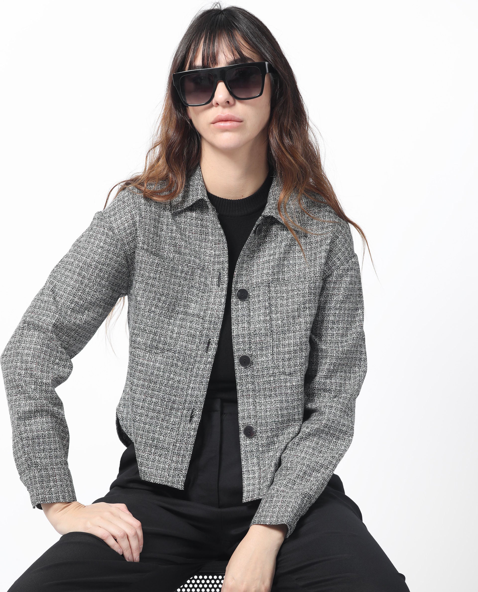 Rareism Women Atmos Black Polyester Fabric Full Sleeves Button Closure Shirt Collar Regular Fit Textured Jacket