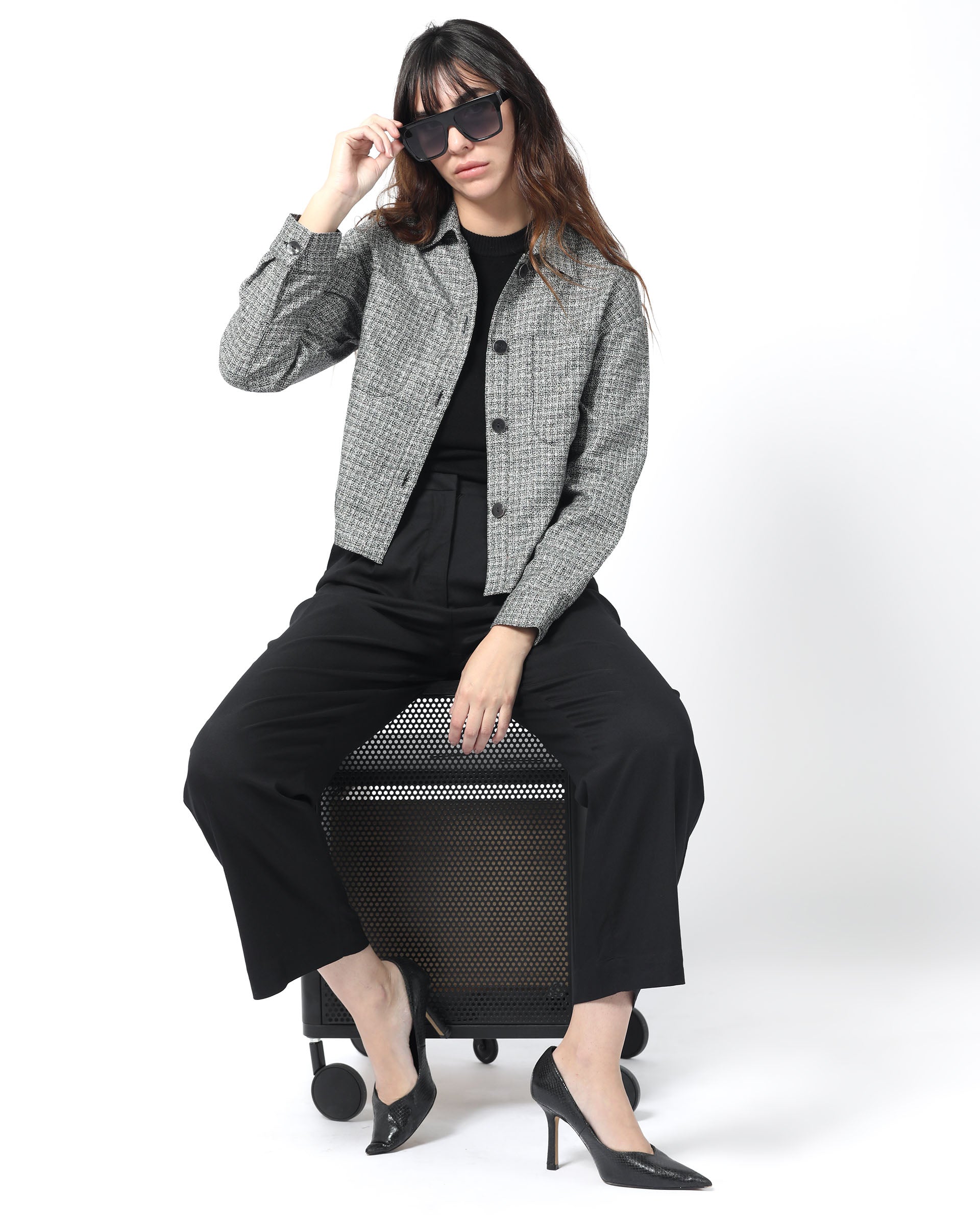 Rareism Women Atmos Black Polyester Fabric Full Sleeves Button Closure Shirt Collar Regular Fit Textured Jacket