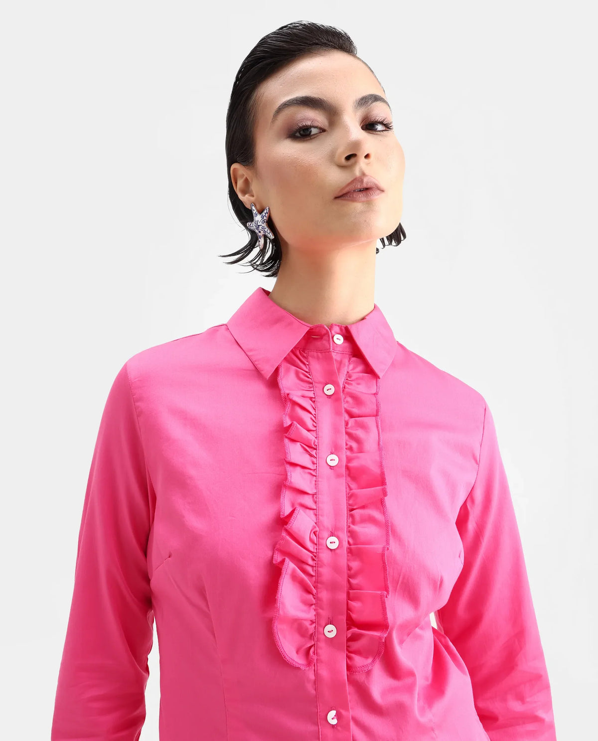 Rareism Women's Aubrey Pink Cotton Spread Collar Plain Regular Fit Top