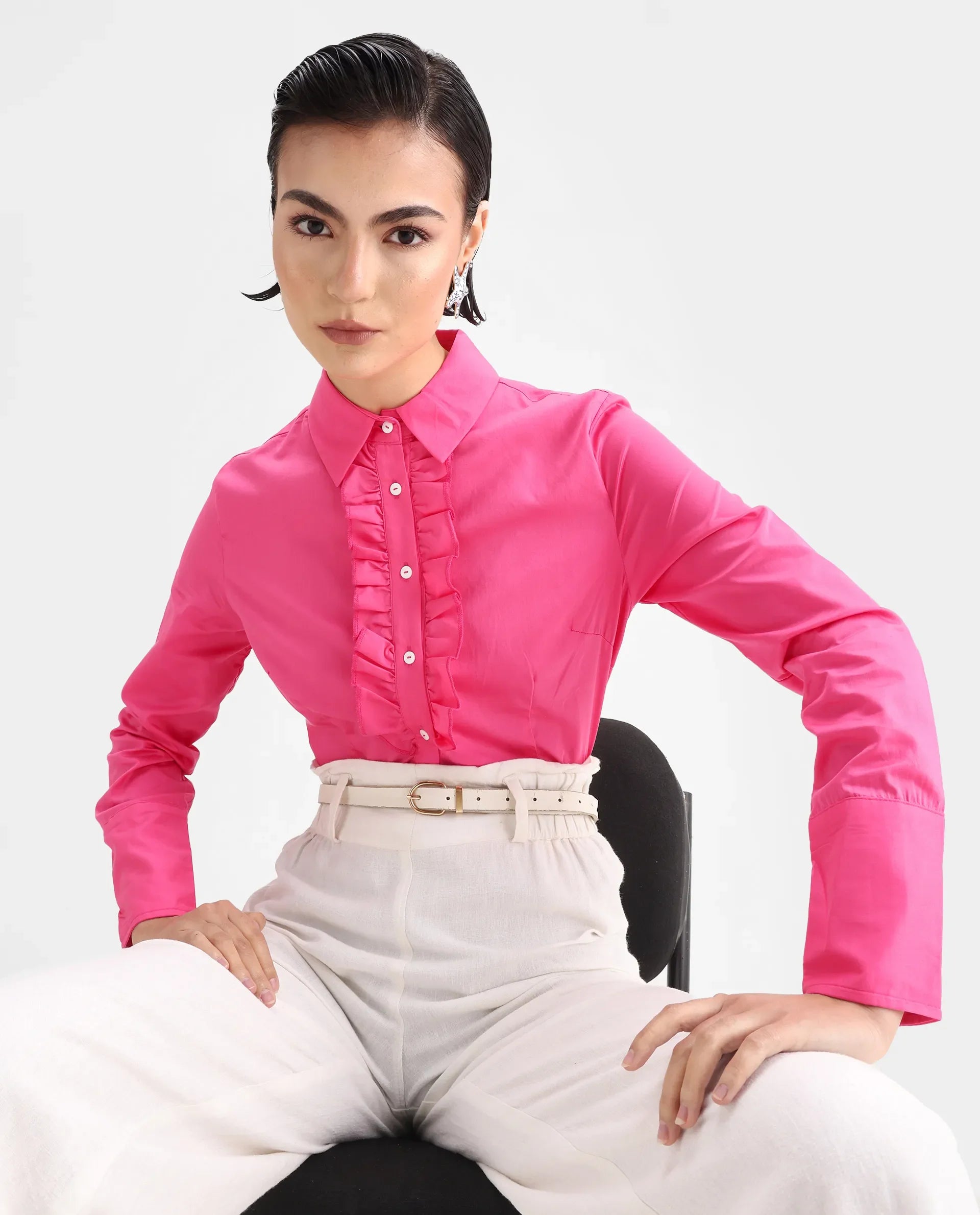 Rareism Women's Aubrey Pink Cotton Spread Collar Plain Regular Fit Top