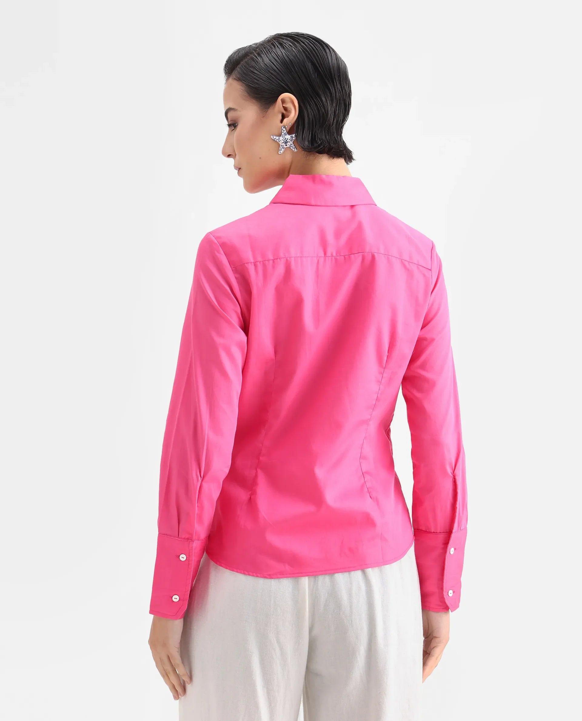 Rareism Women's Aubrey Pink Cotton Spread Collar Plain Regular Fit Top