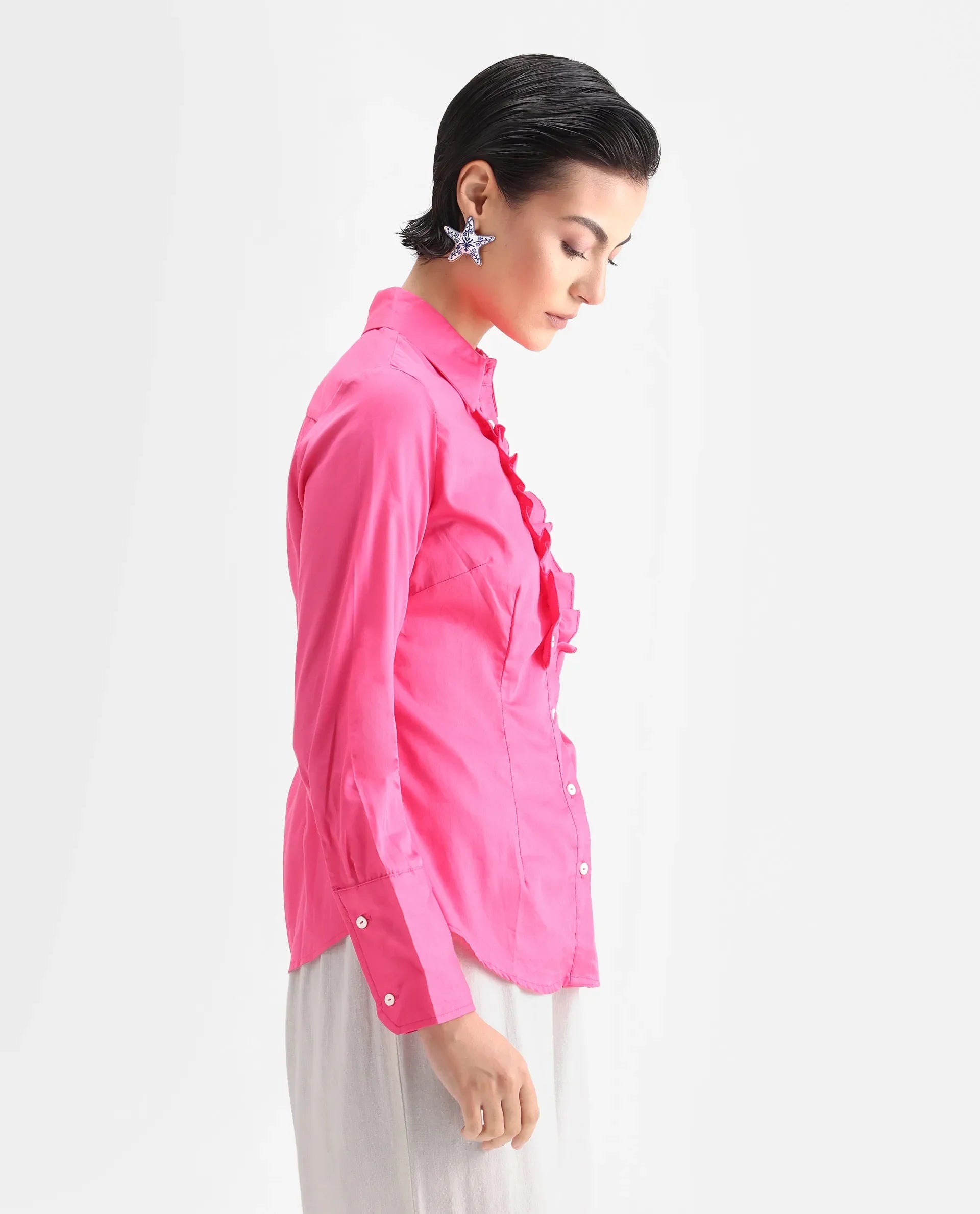 Rareism Women's Aubrey Pink Cotton Spread Collar Plain Regular Fit Top
