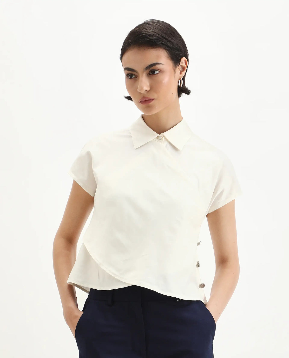 Rareism Women's Aurelia Off White Cotton Blend Drop Collar Plain Extended Sleeves Regular Fit Top