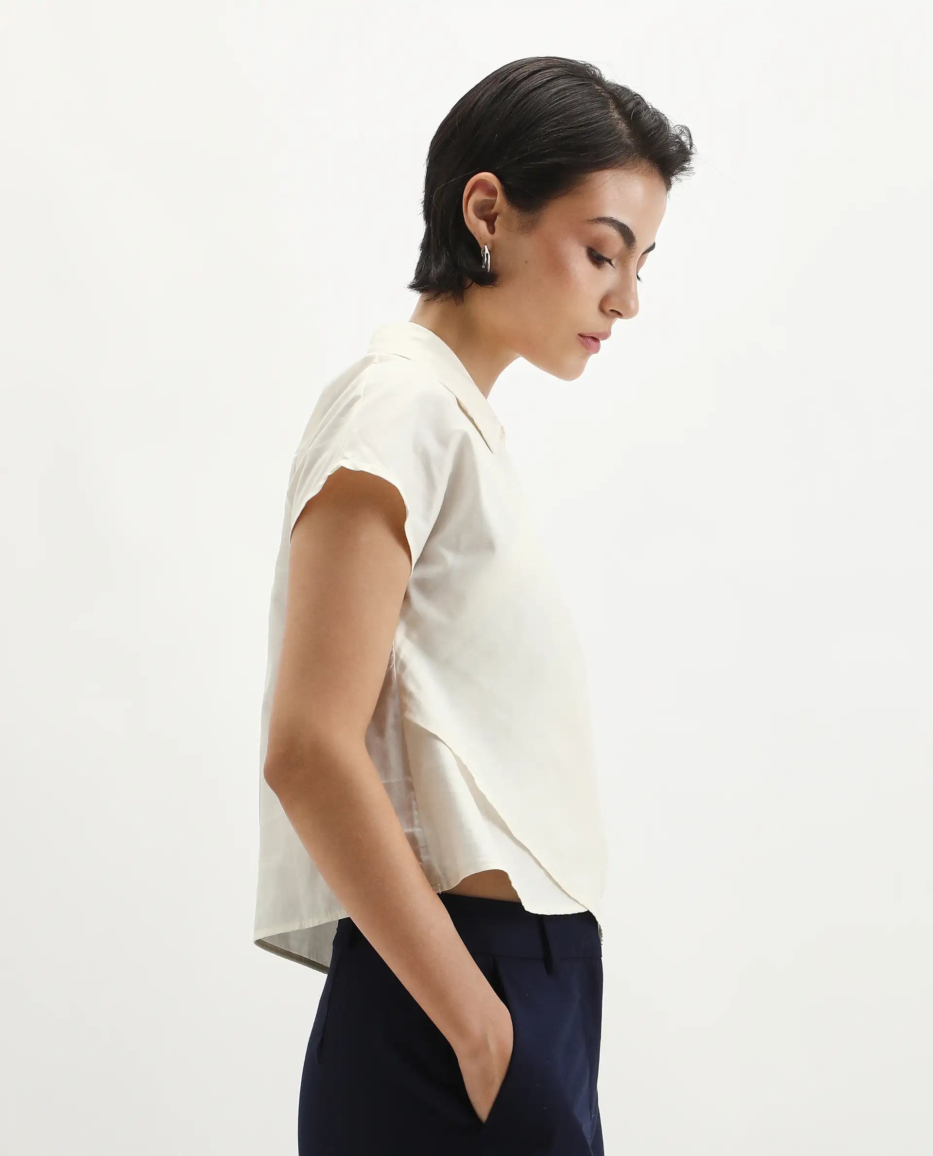 Rareism Women's Aurelia Off White Cotton Blend Drop Collar Plain Extended Sleeves Regular Fit Top