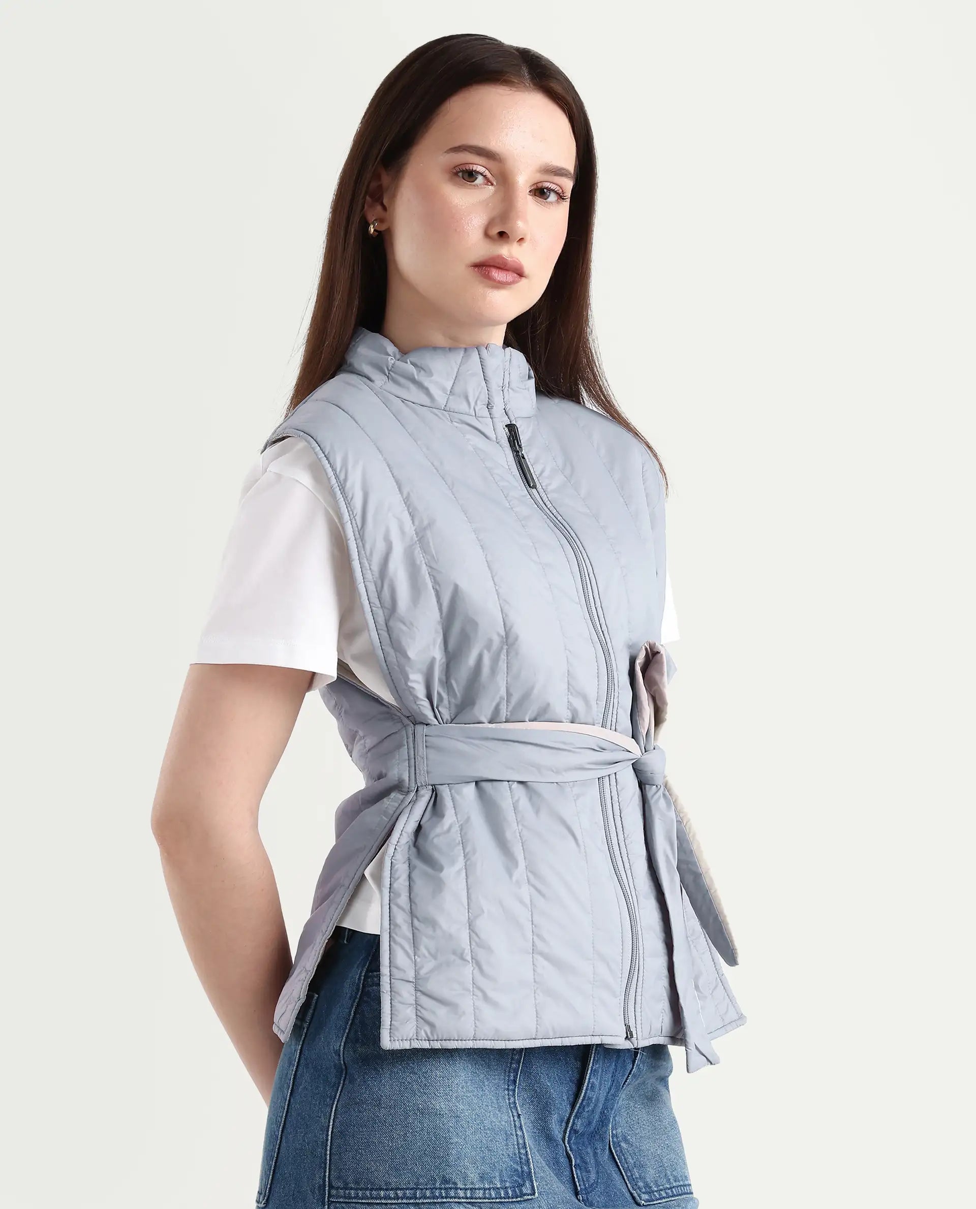 Rareism Women's Aurora Beige Polyester High Neck Plain Sleeveless Regular Fit Jacket