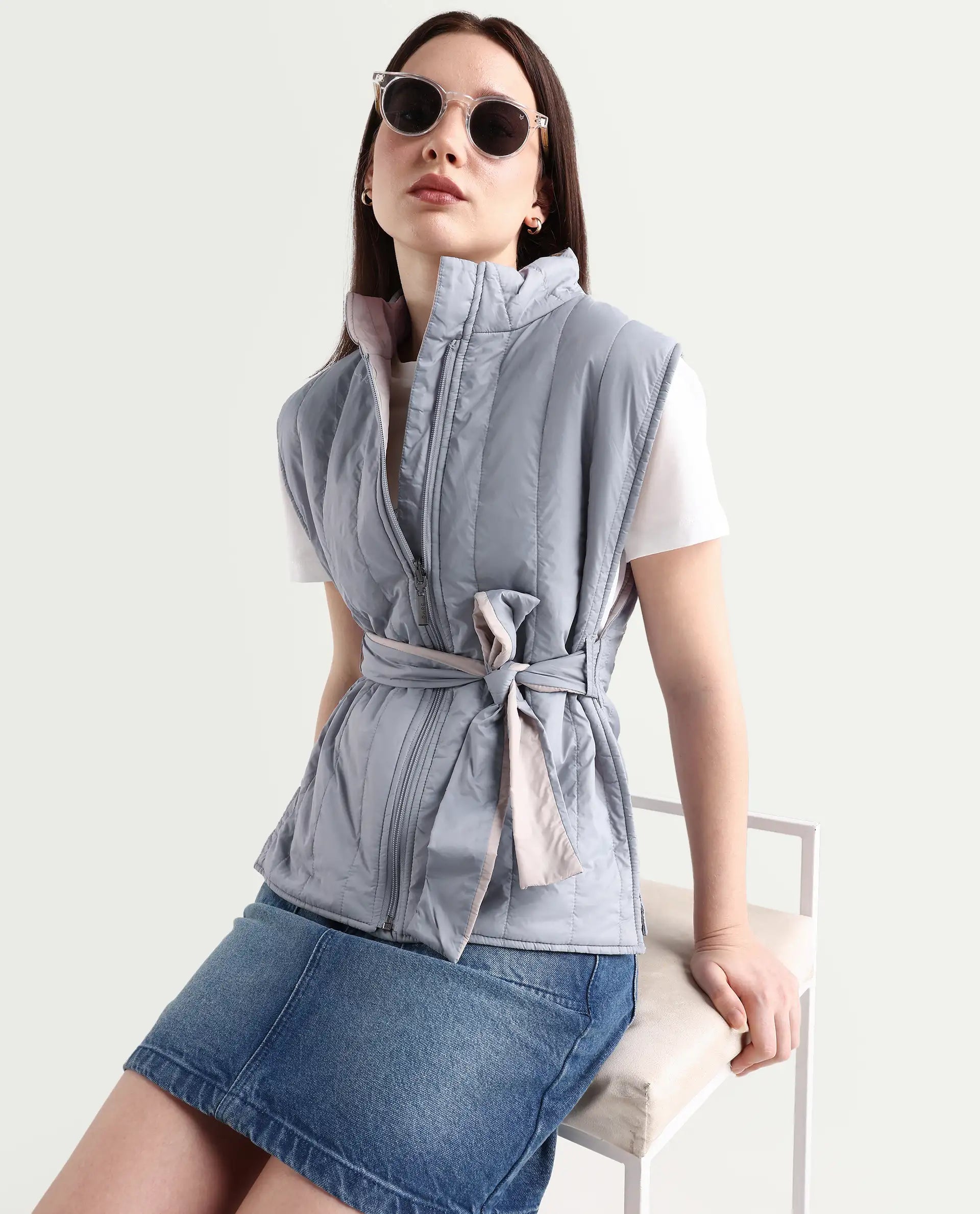 Rareism Women's Aurora Beige Polyester High Neck Plain Sleeveless Regular Fit Jacket