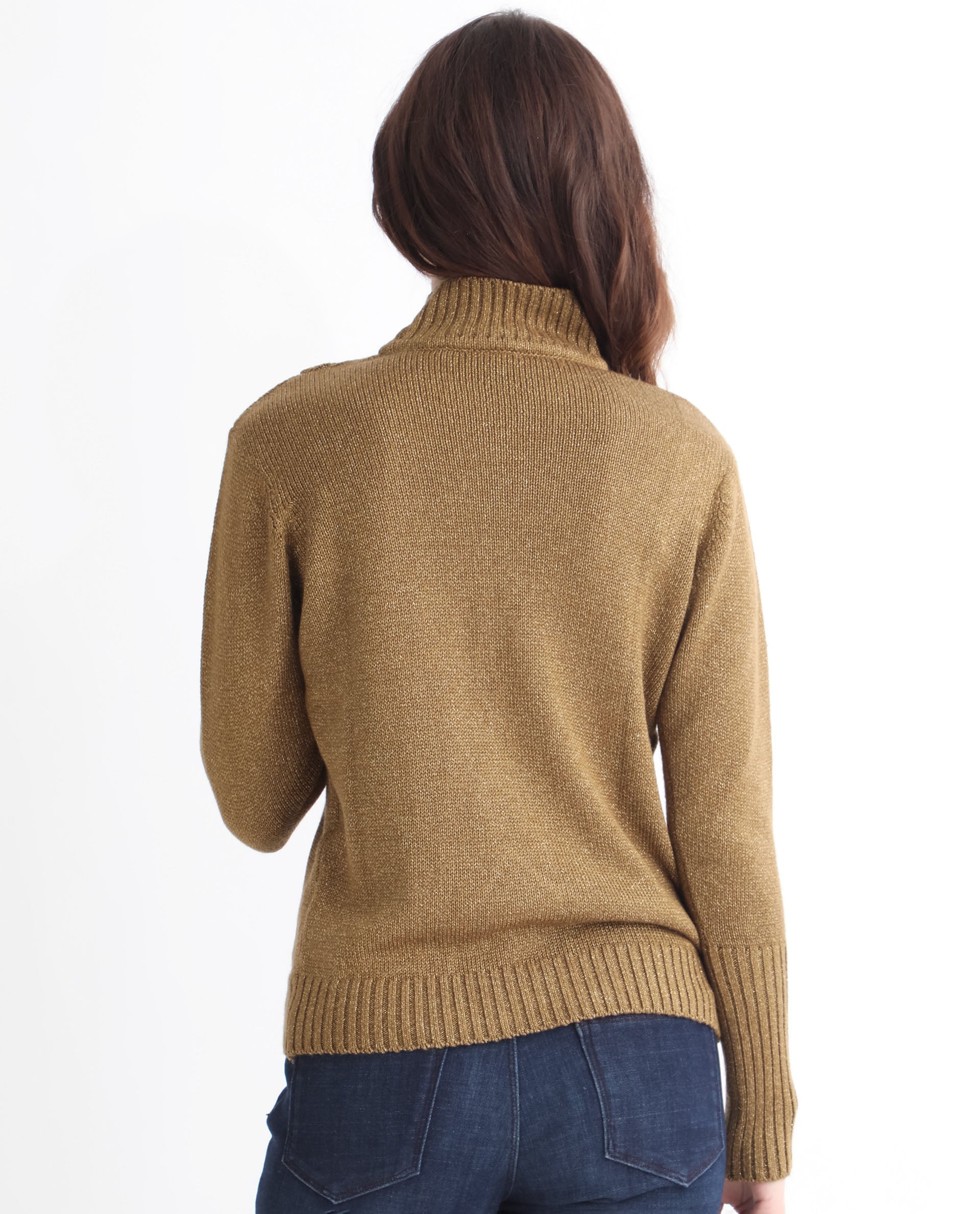 Rareism Women's Austern Gold Acrylic Turtle Neck Plain Knee Length Regular Fit Sweater