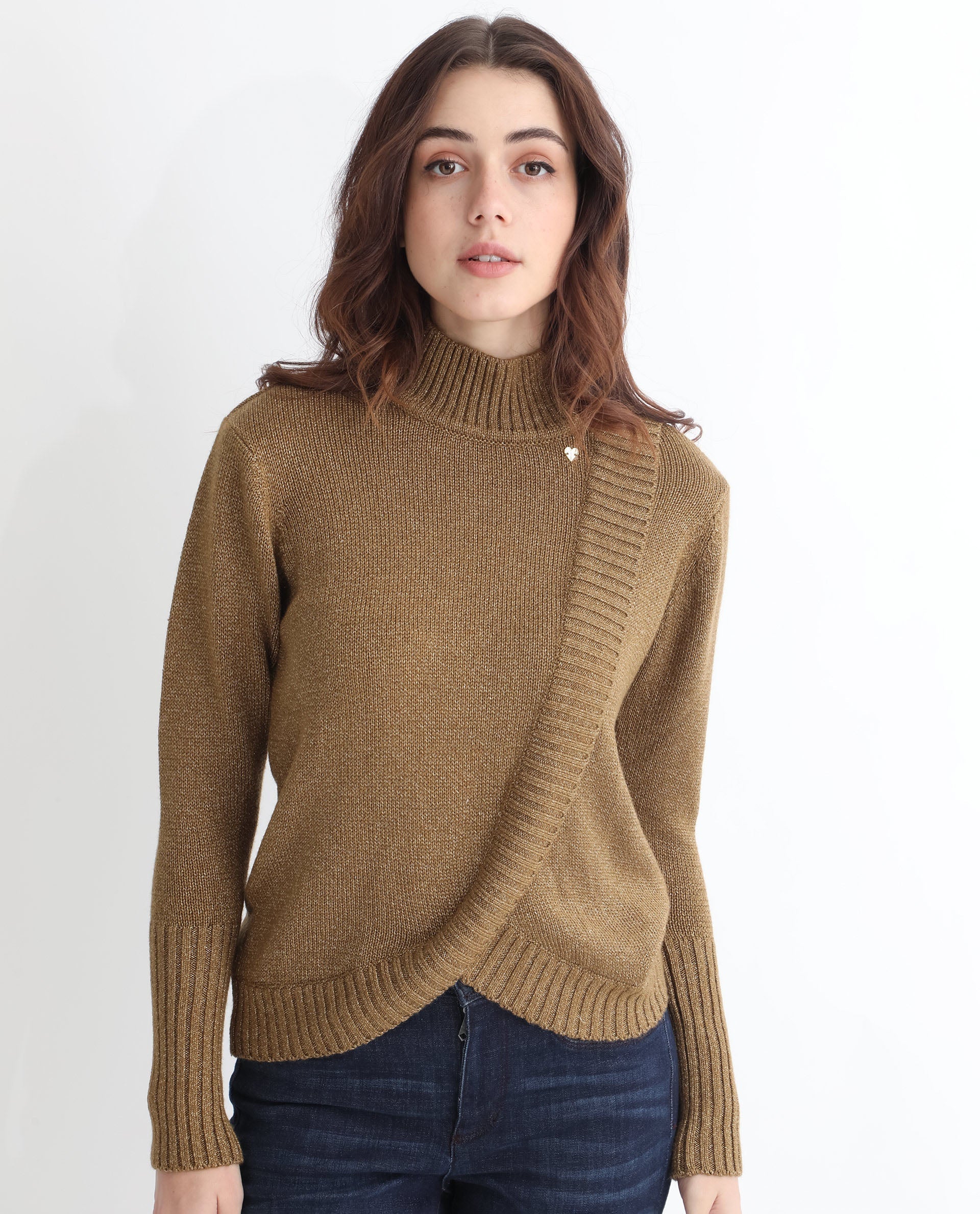 Rareism Women's Austern Gold Acrylic Turtle Neck Plain Knee Length Regular Fit Sweater