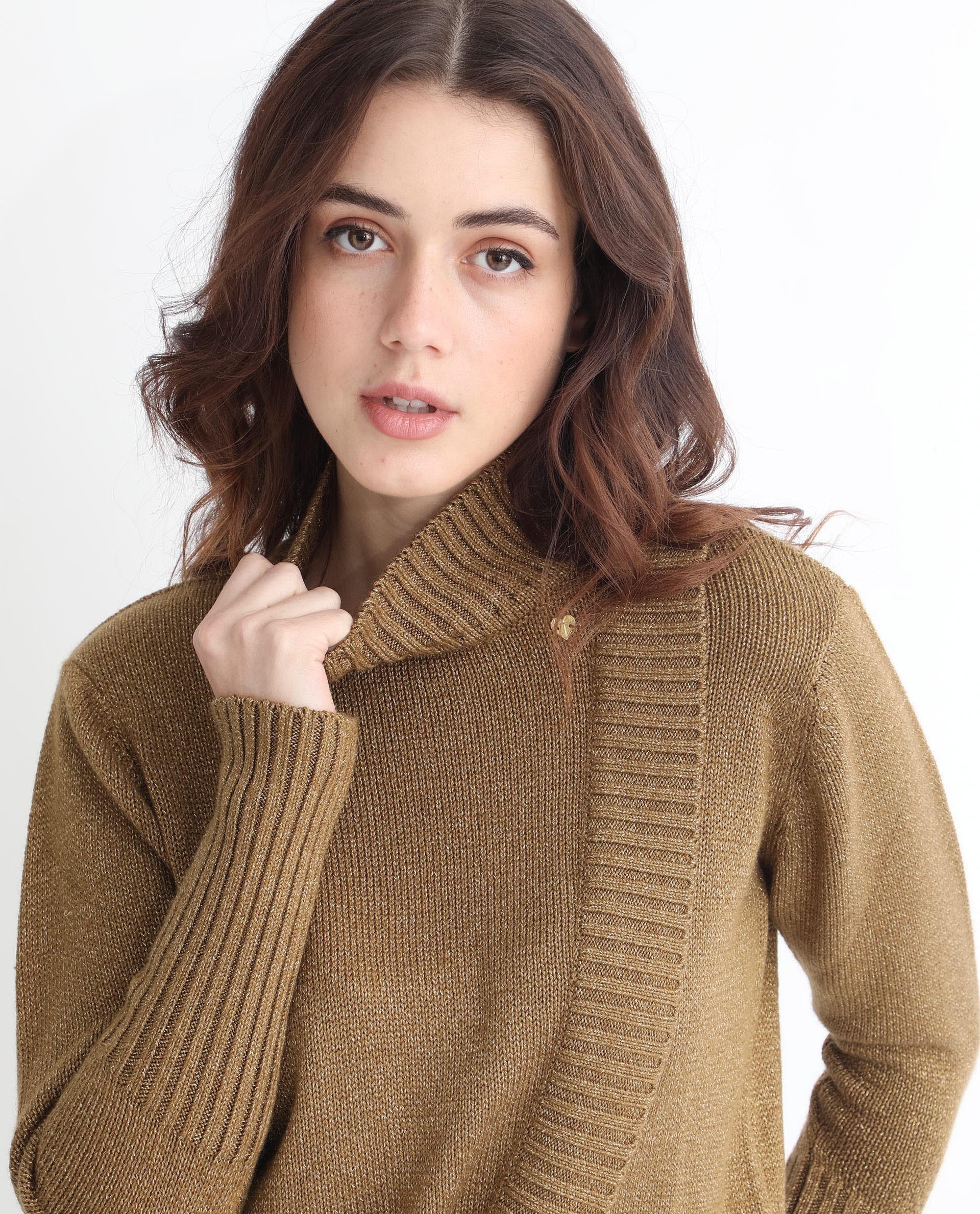 Rareism Women Austern Gold Acrylic Fabric Full Sleeves Knee Length Regular Fit Solid Turtle Neck Sweater