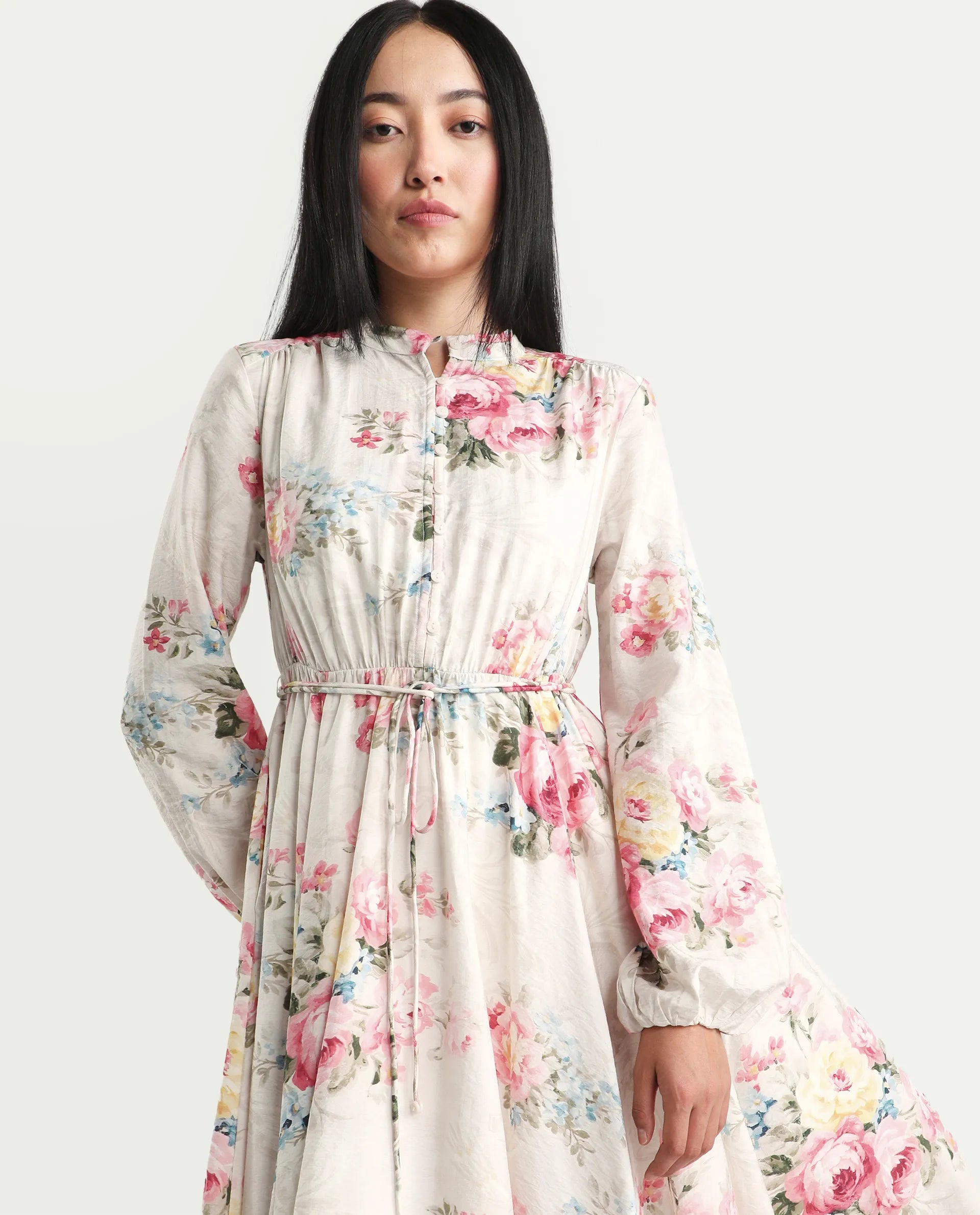 Rareism Women's Austom Beige Viscose Blend Mandarin Collar Fit And Flare Printed Dress