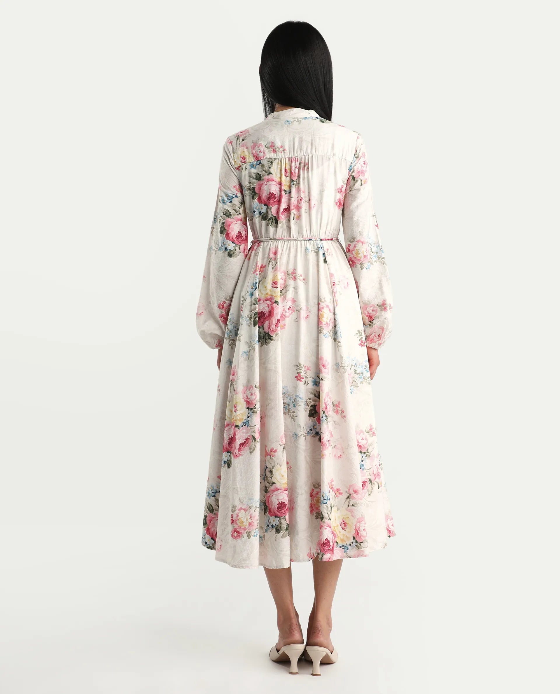 Rareism Women's Austom Beige Viscose Blend Mandarin Collar Fit And Flare Printed Dress