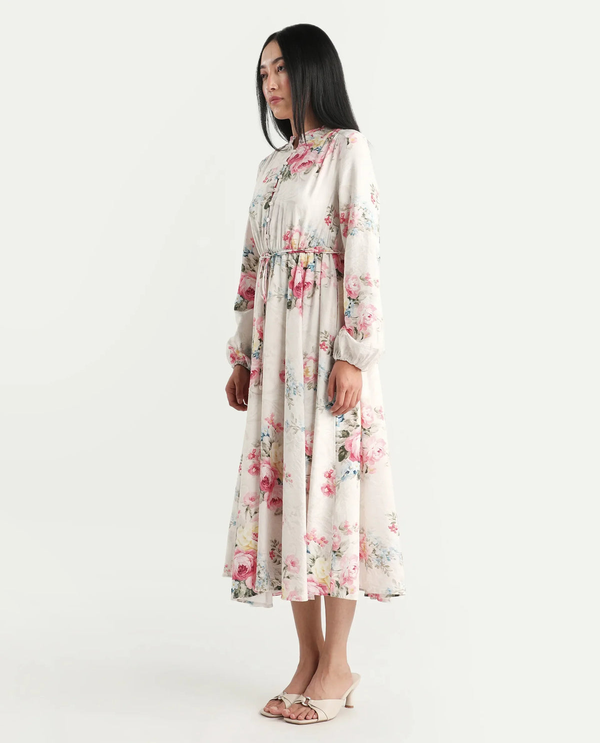 Rareism Women's Austom Beige Viscose Blend Mandarin Collar Fit And Flare Printed Dress
