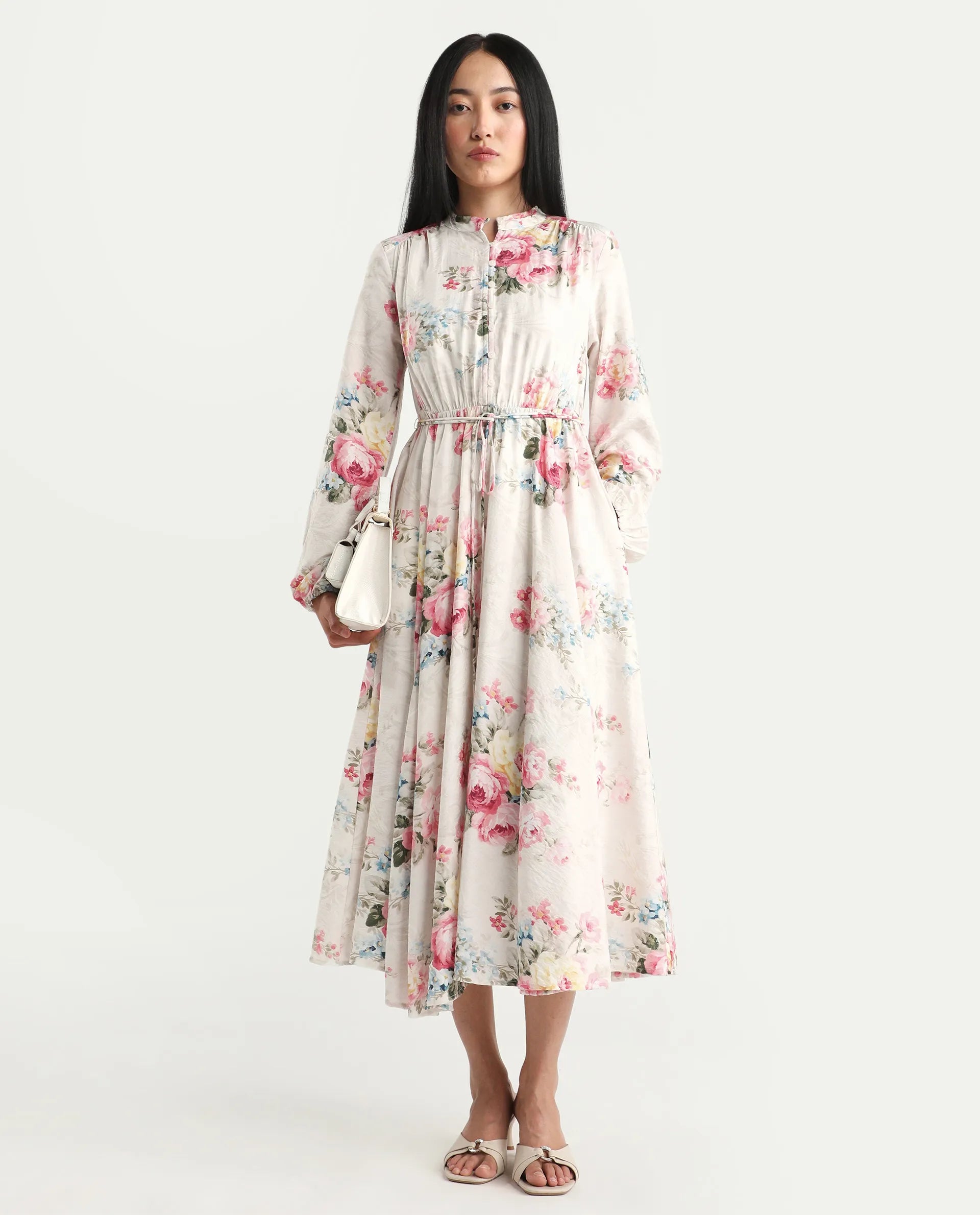 Rareism Women's Austom Beige Viscose Blend Mandarin Collar Fit And Flare Printed Dress