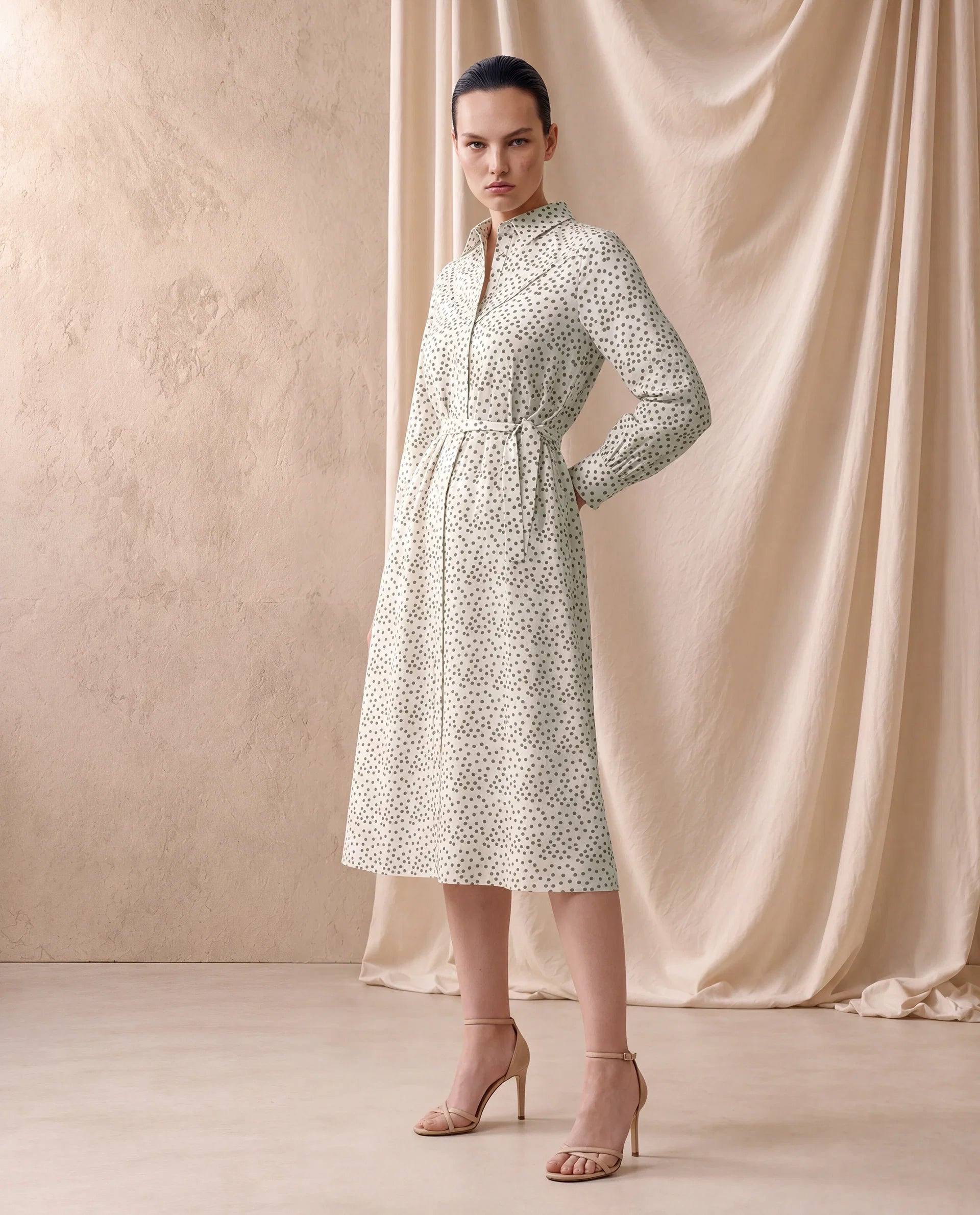 Rareism Women's Avac Off White Cotton Full Sleeve A-Line Polka Print Dress
