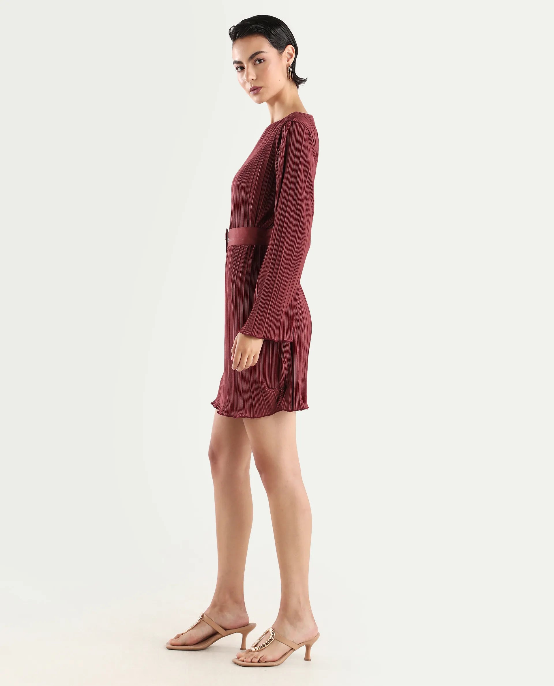 Rareism Women's Averna Brown Polyester Boat Neck Plain Mini Straight Fit Dress