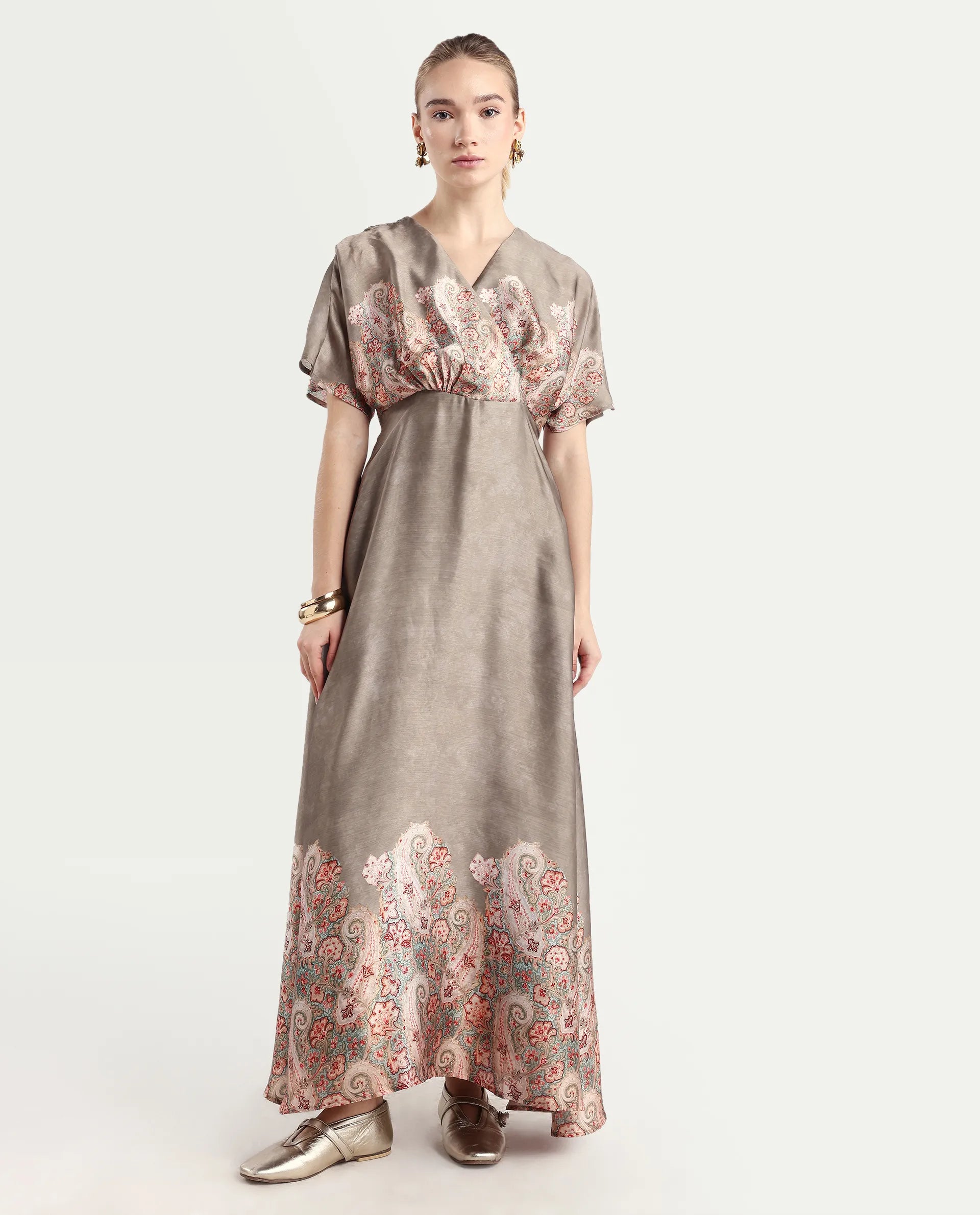 Rareism Women Avibit Olive V-Neck Zipper Flared Maxi Printed Dress