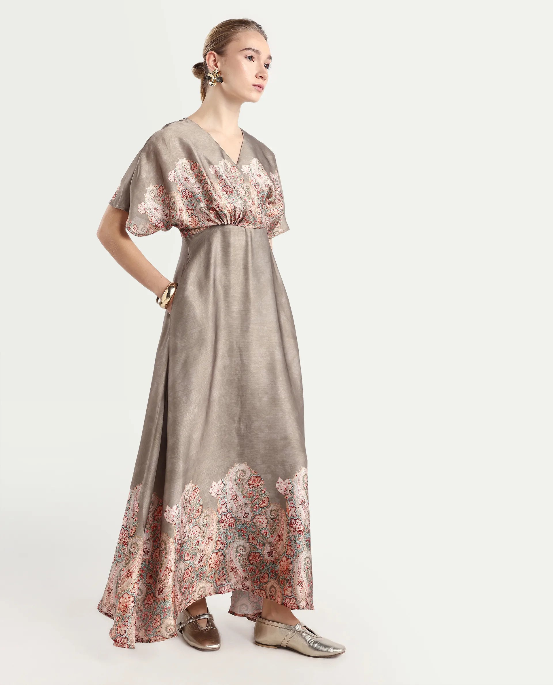 Rareism Women Avibit Olive V-Neck Zipper Flared Maxi Printed Dress