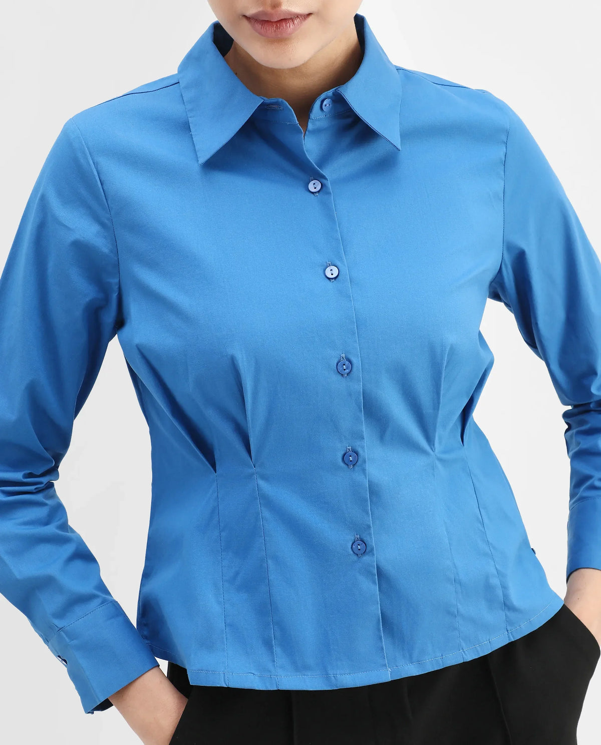 Rareism Women's Avica Blue Cotton Blend Drop Collar Plain Cuffed Sleeve Regular Fit Shirt