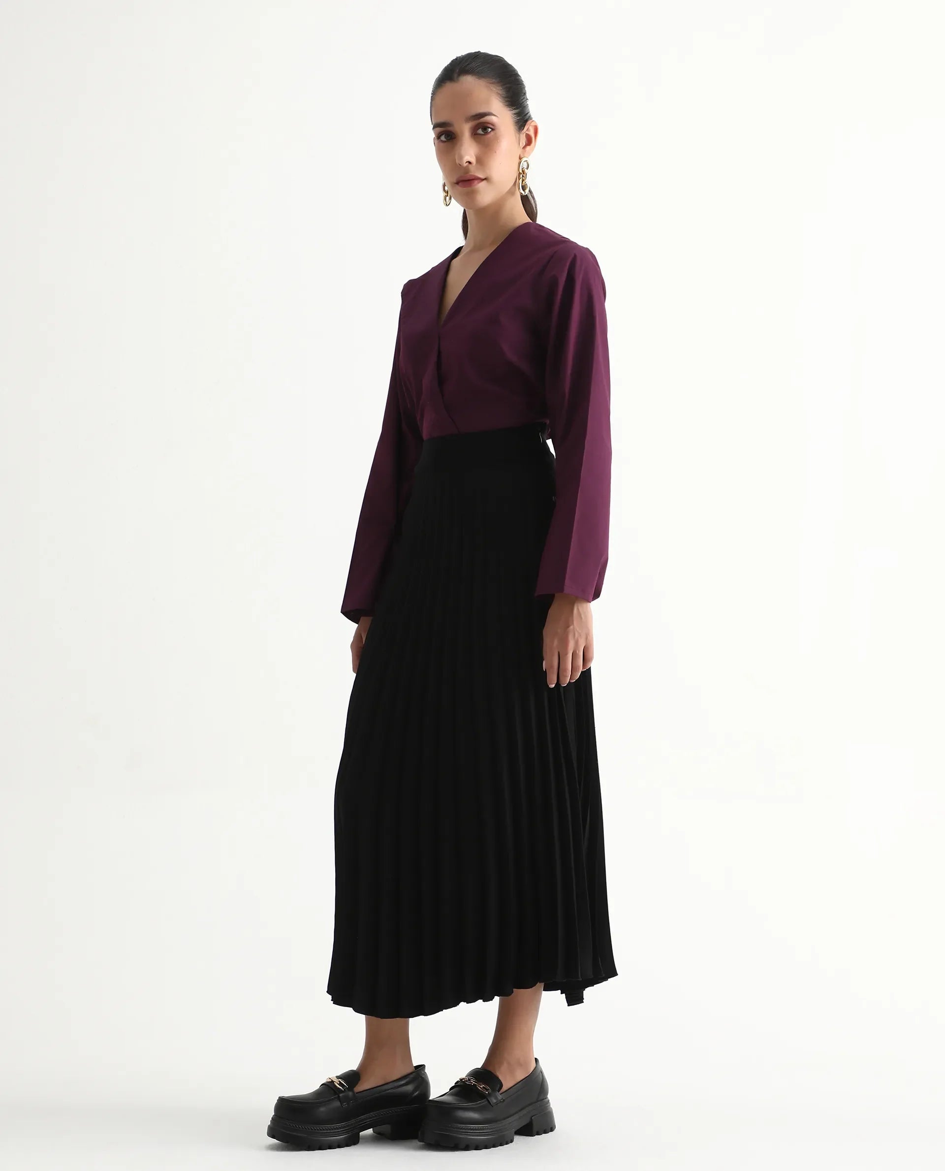 Rareism Women's Avid Black Polyester Flared Skirt