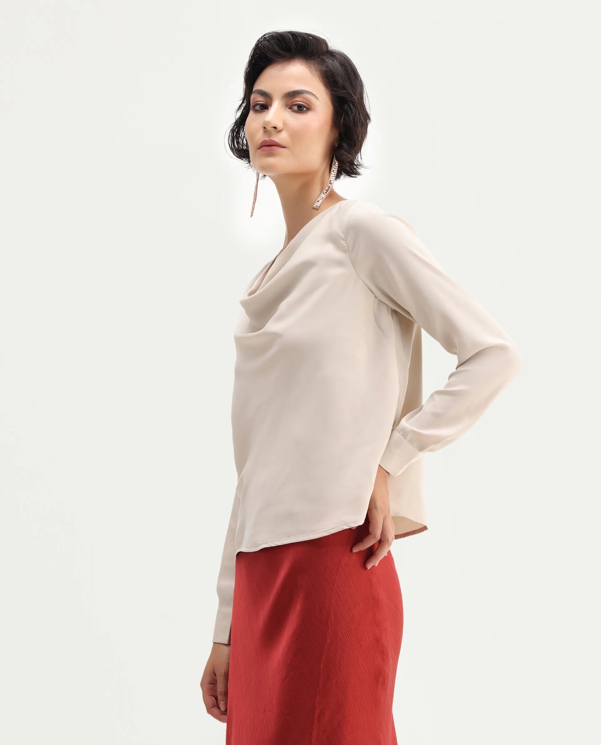 Rareism Women's Avier Beige Polyester Cowl Neck Regular Fit Plain Top